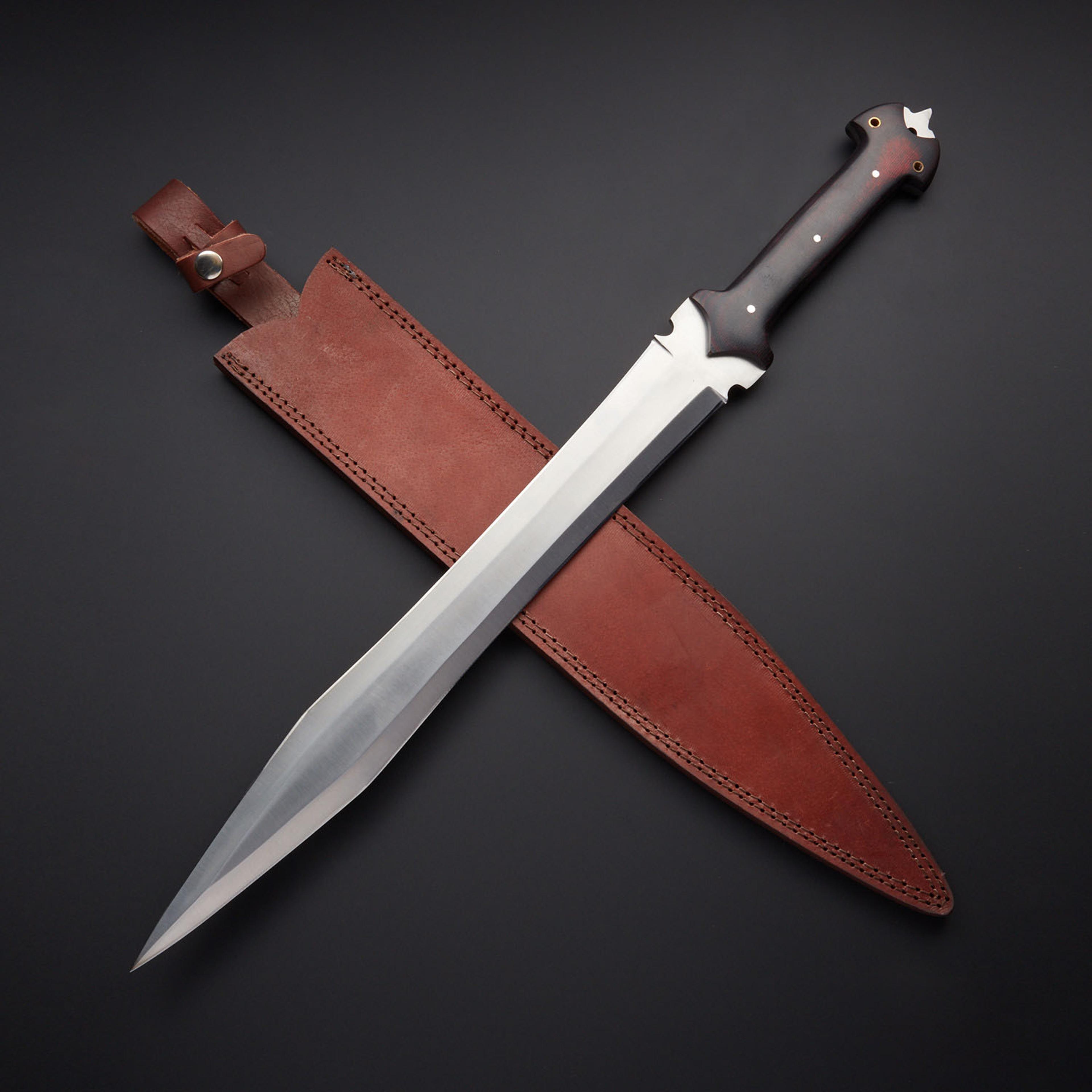 "custom handmade d2 tool steel hunting sword & leather sheath"