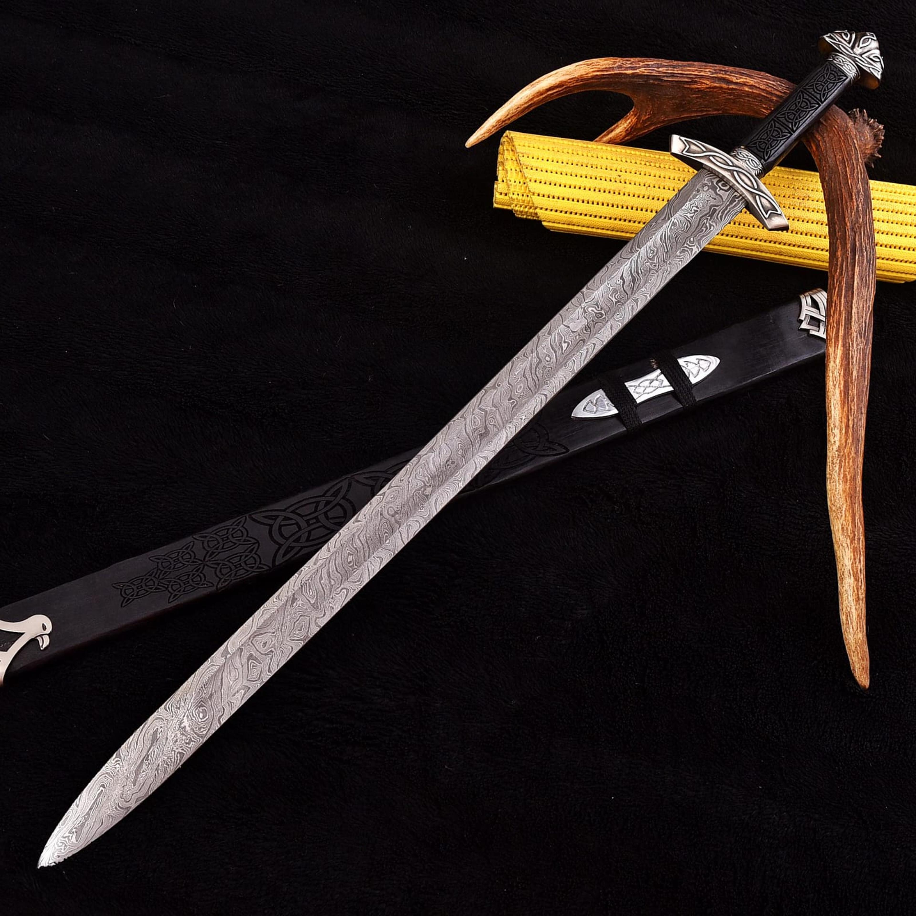"handmade damascus steel sword & leather sheath"