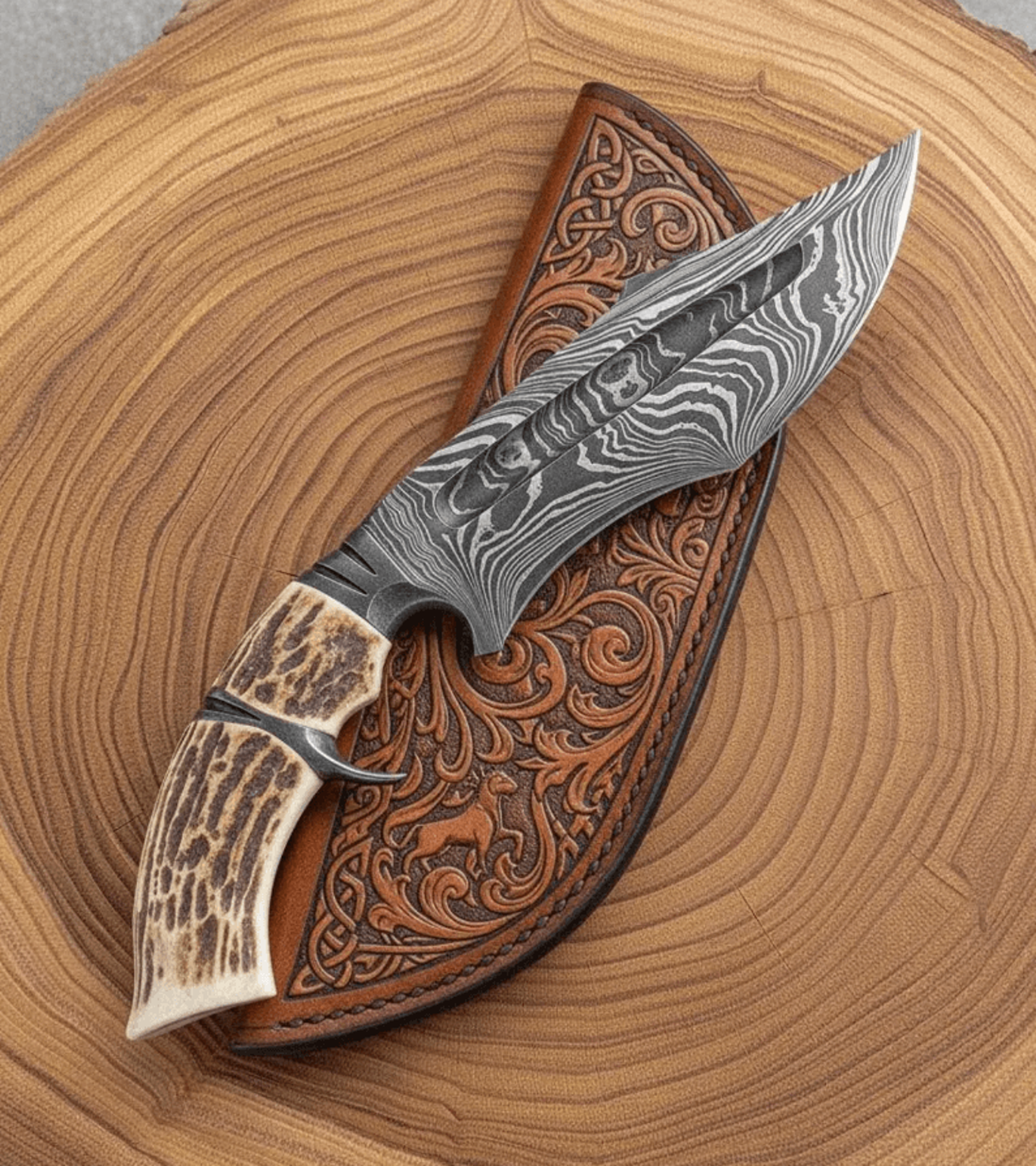 handmade damascus hunting bowie knife | genuine stag antler handle | full tang outdoor survival knife