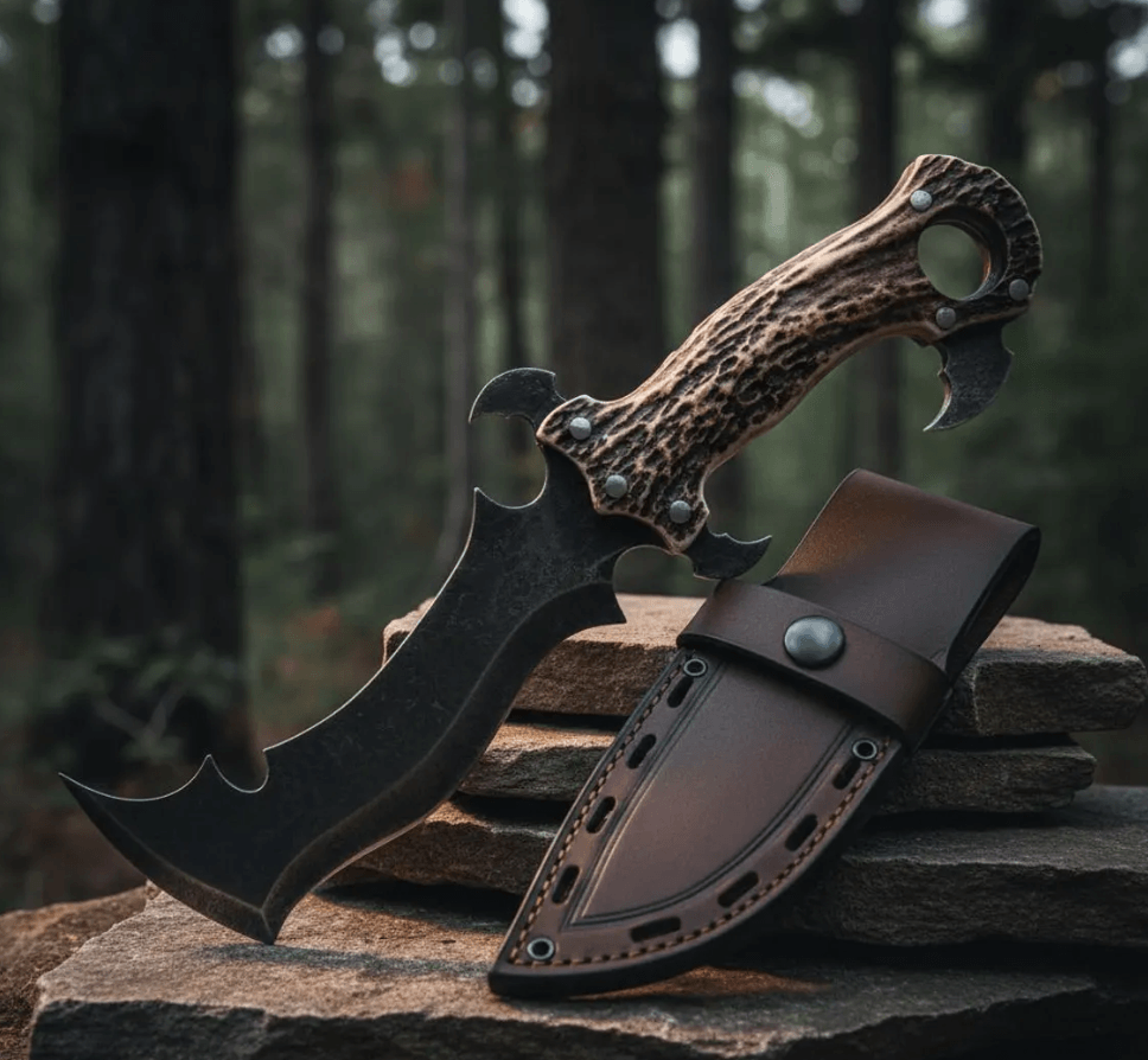 handmade fantasy art knife with engraved stag horn handle | carbon steel collector blade with leather sheath
