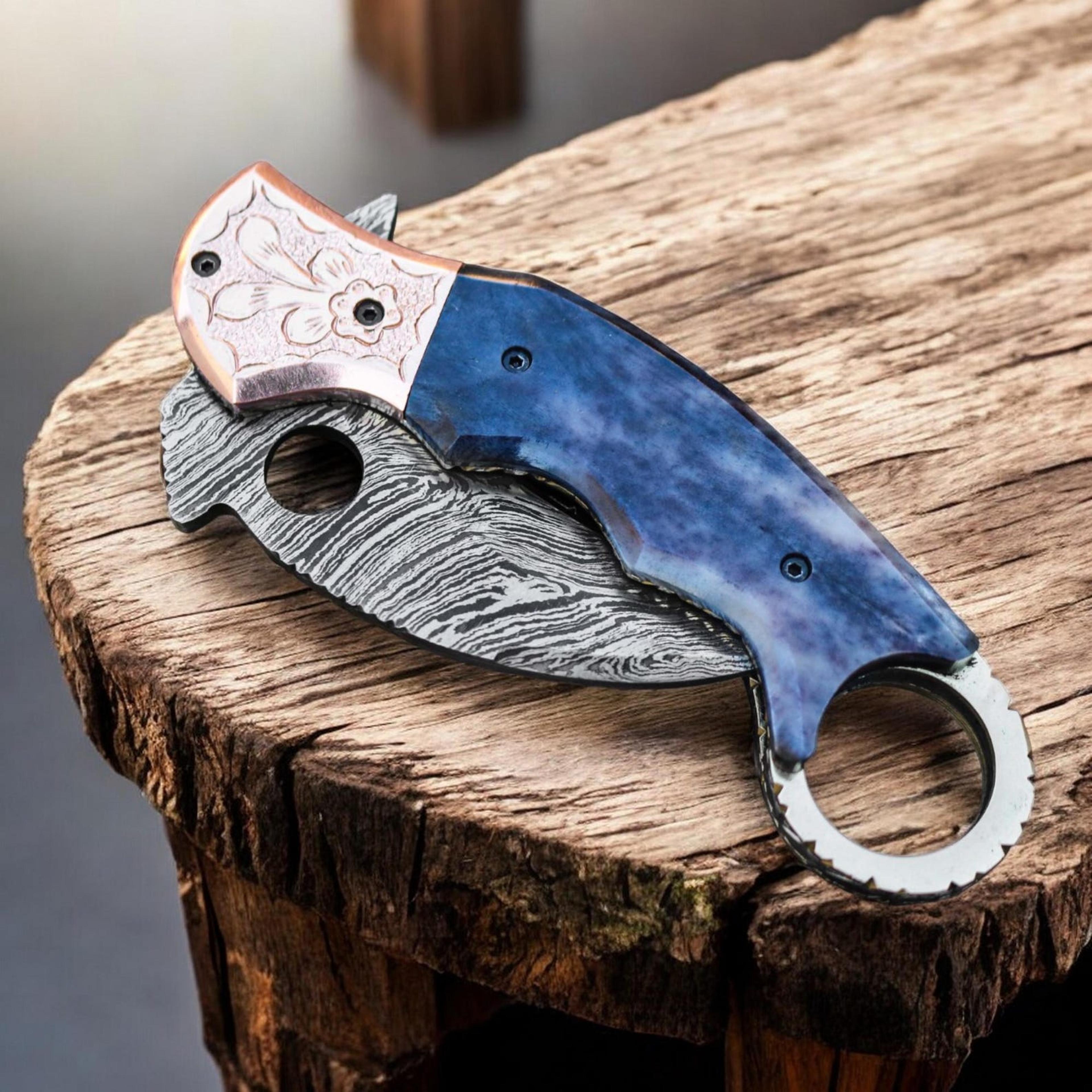 handmade damascus pocket folding knife - unique gift for him - perfect father's day, birthday, anniversary