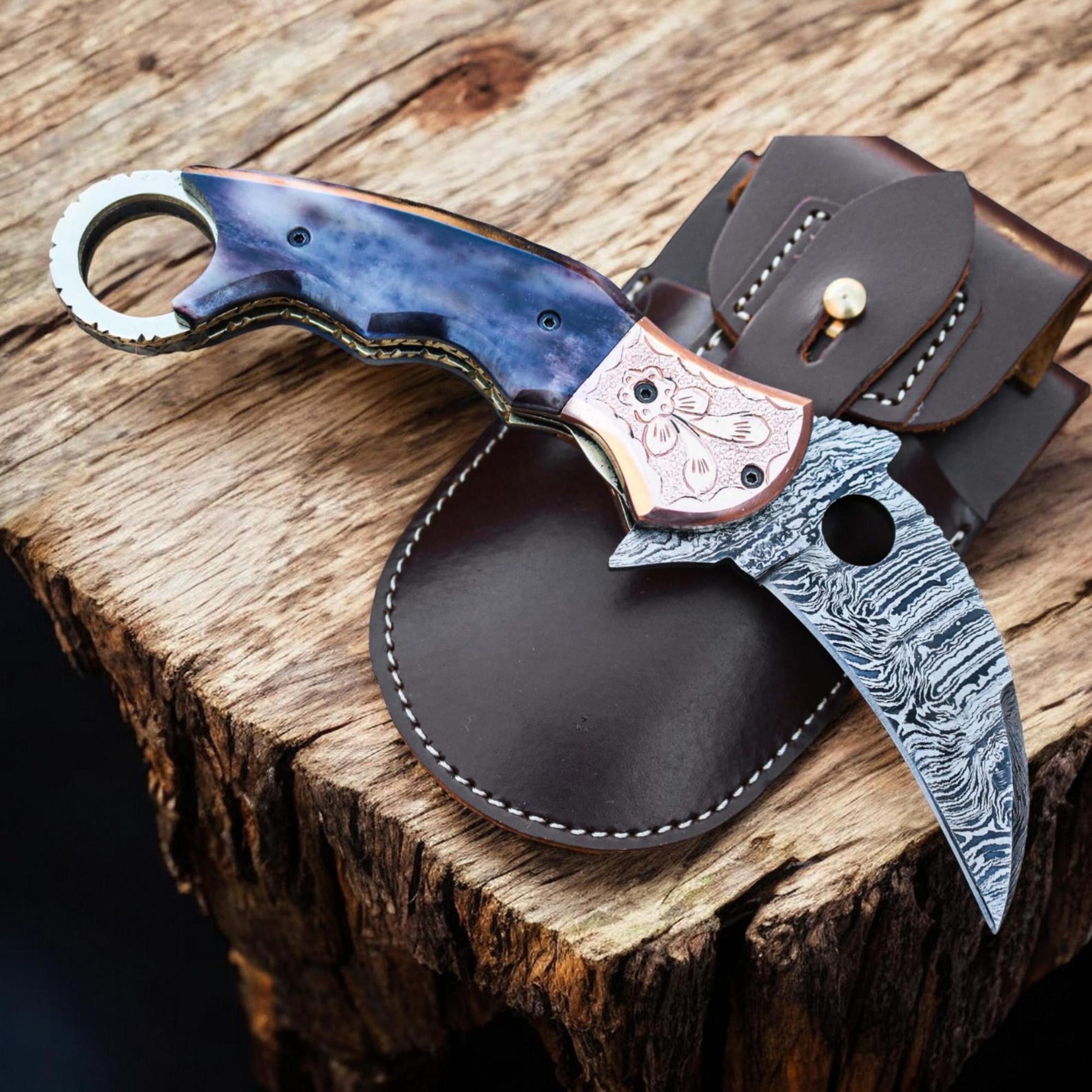 personalized damascus steel pocket folding knife bone handle with leather sheath | steel pocket folding knife
