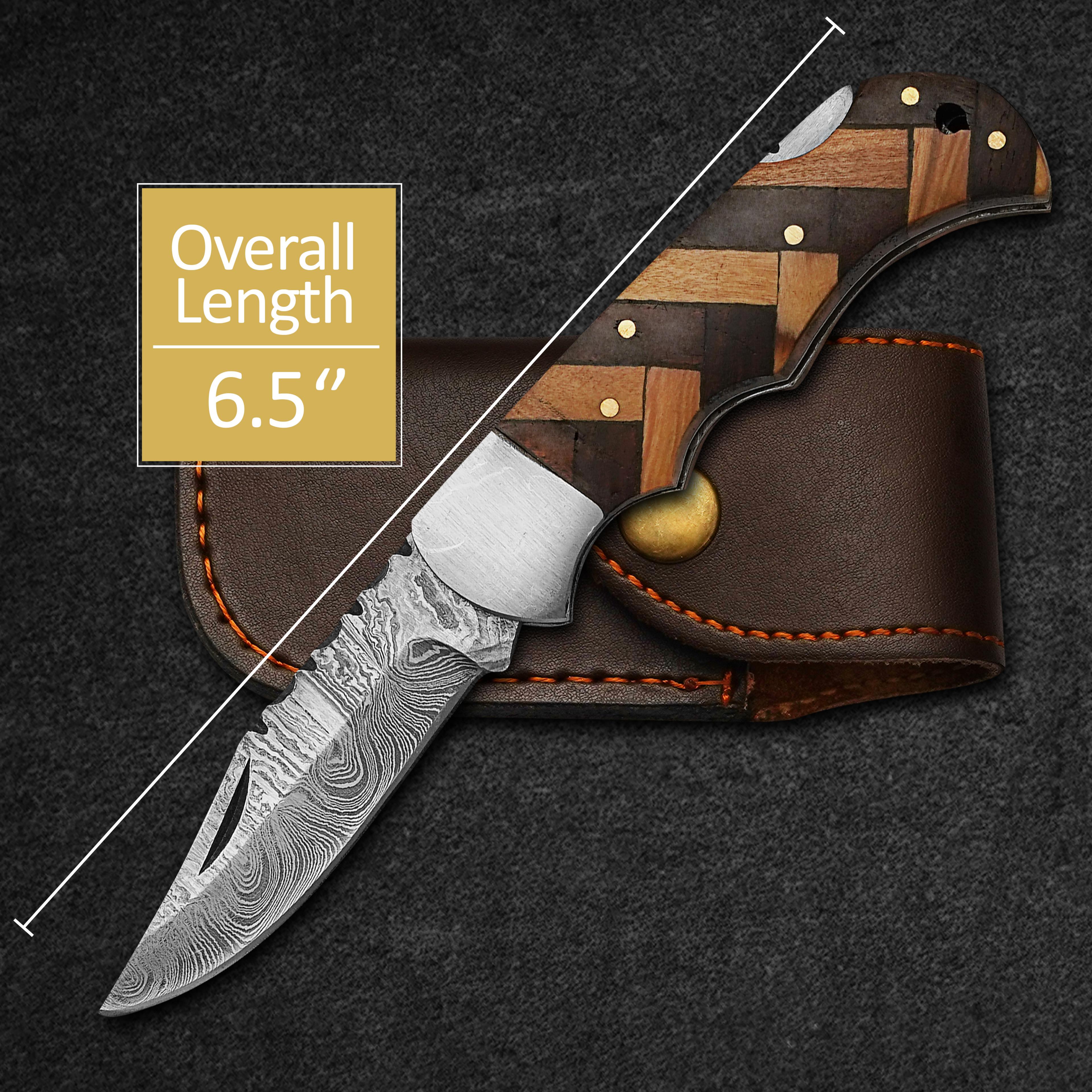 custom handmade pocket knife damascus steel folding knife with leather sheath,