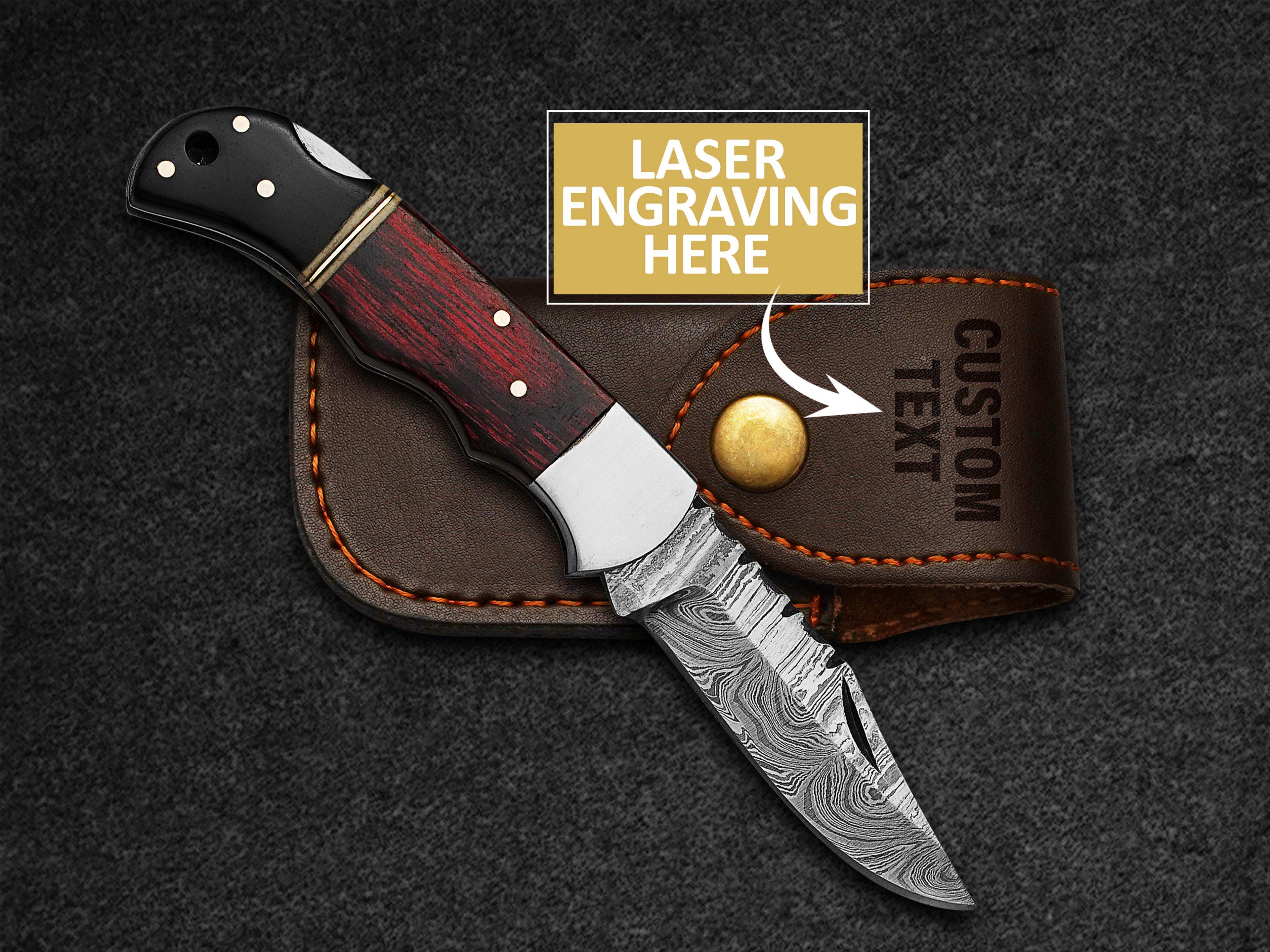 custom handmade folding knife damascus steel blade pocket knife with leather sheath
