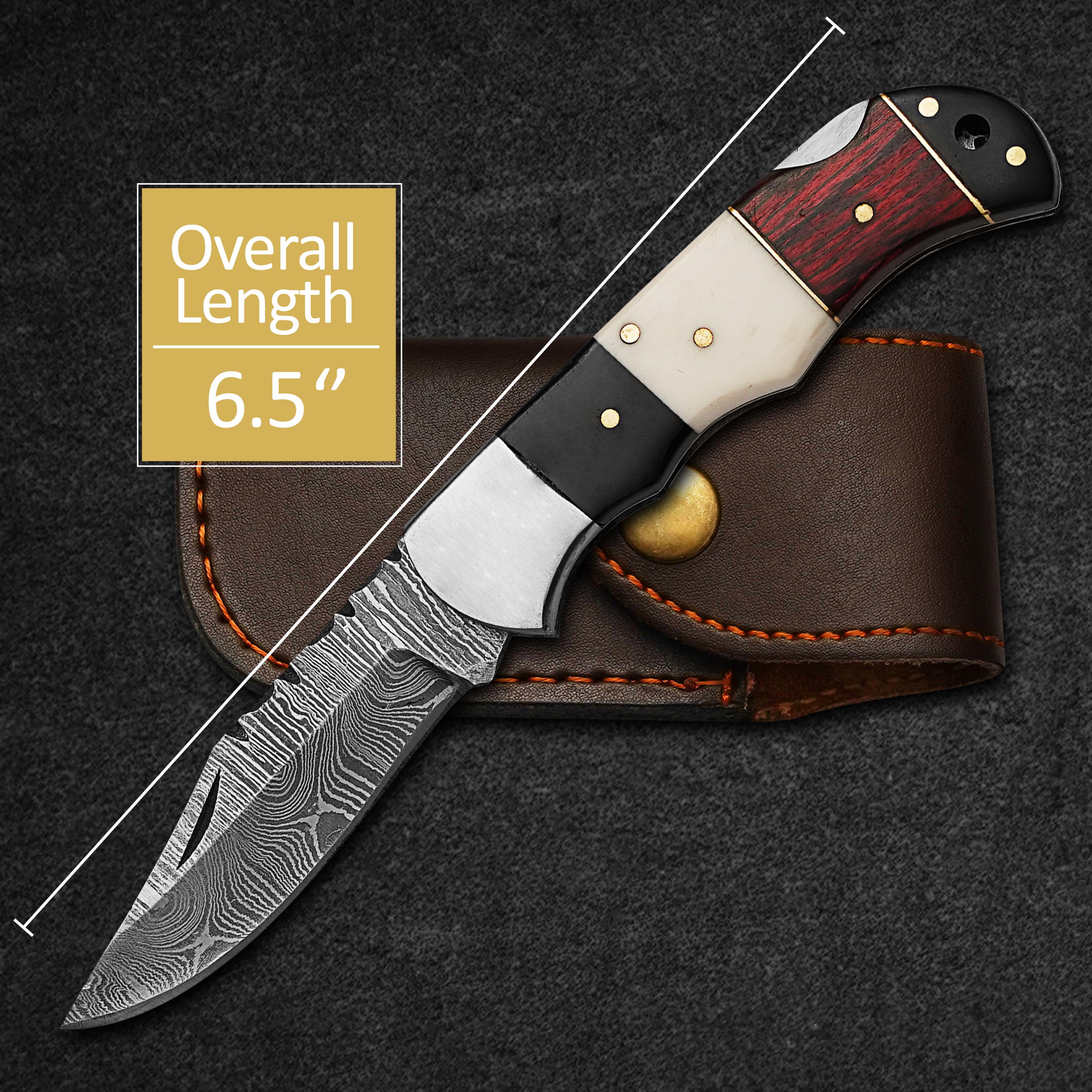 custom handmade folding knife damascus steel lade pocket knife with leather sheath,