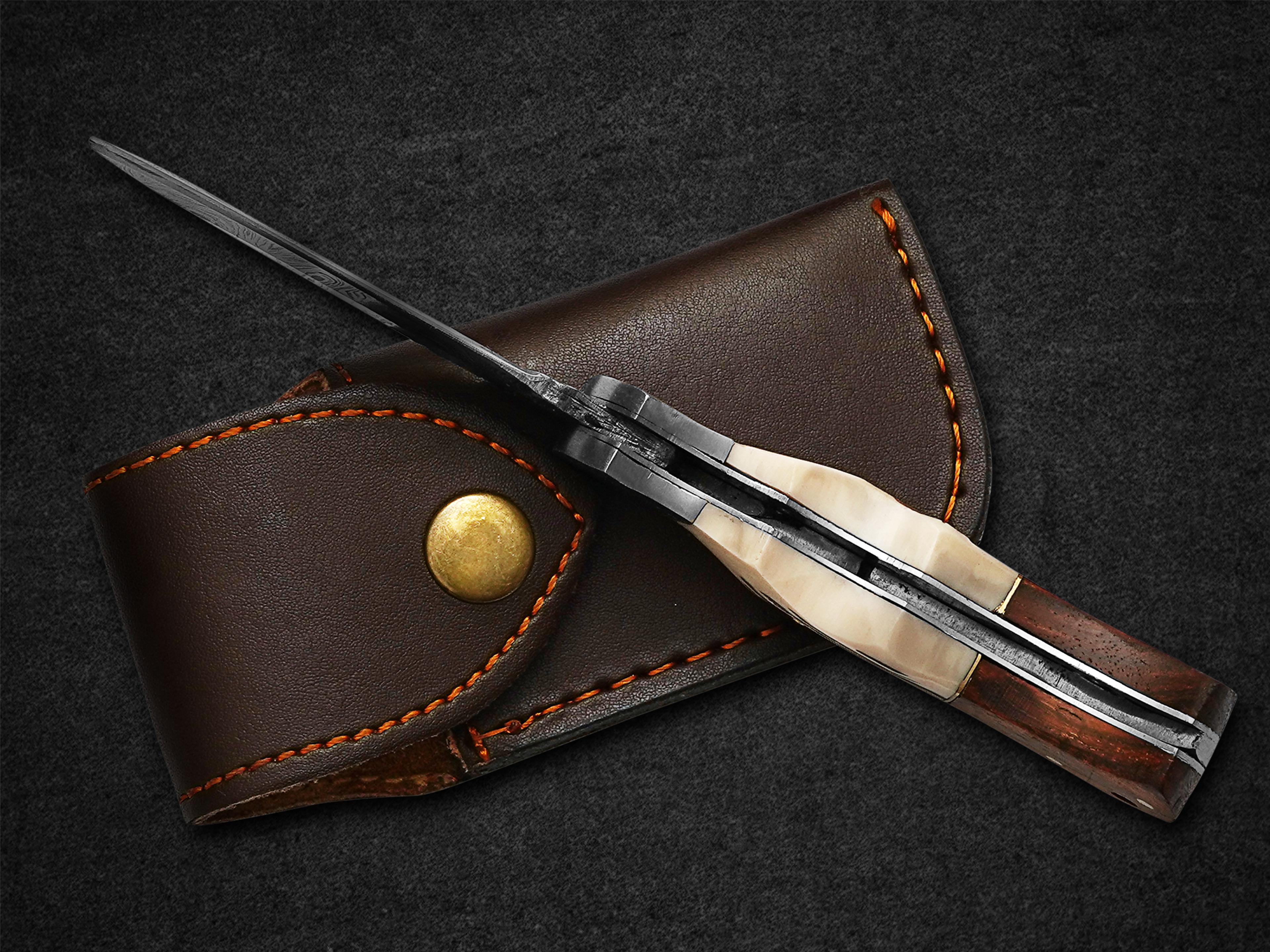 groomsmen knife handmade pocket knife, damascus folding knife, stag horn and camel bone handle, groomsmen gifts,
