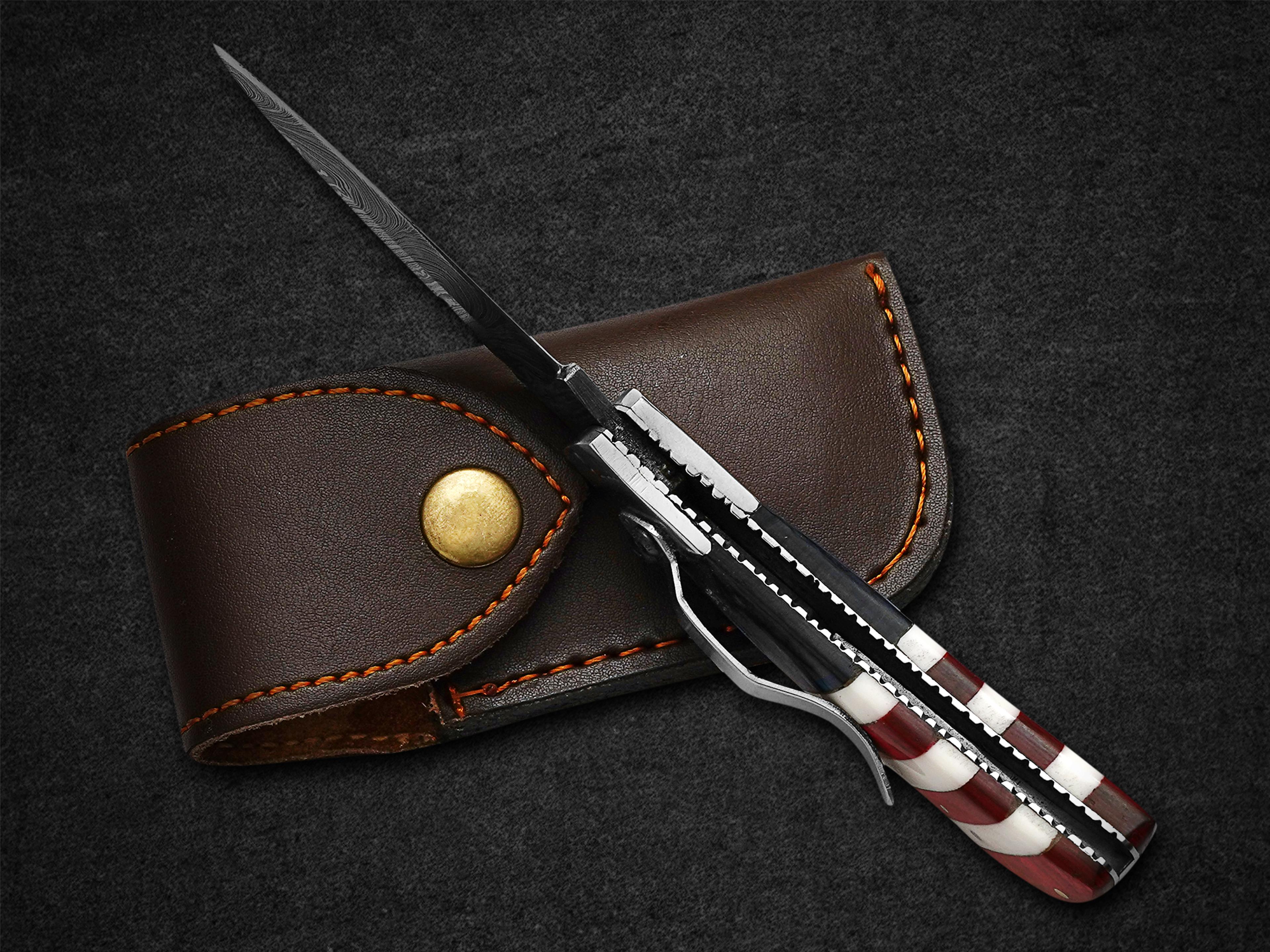 custom pocket knife handmade damascus folding knives usa texas flag handle pocket knives with leather sheath,