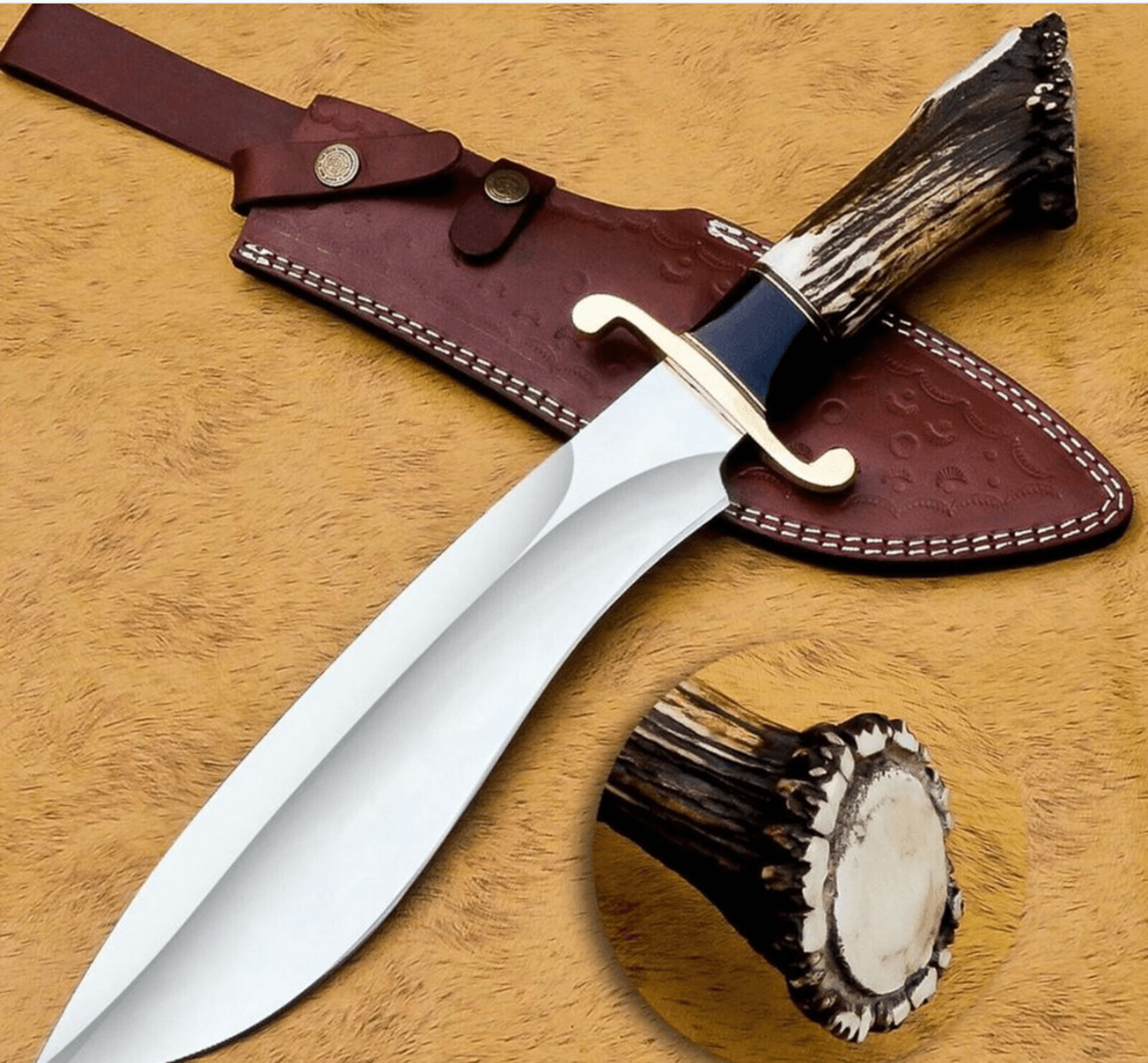 handmade d2 steel bowie knife | 15" hunting blade + stag antler crown handle | leather sheath outdoor knife