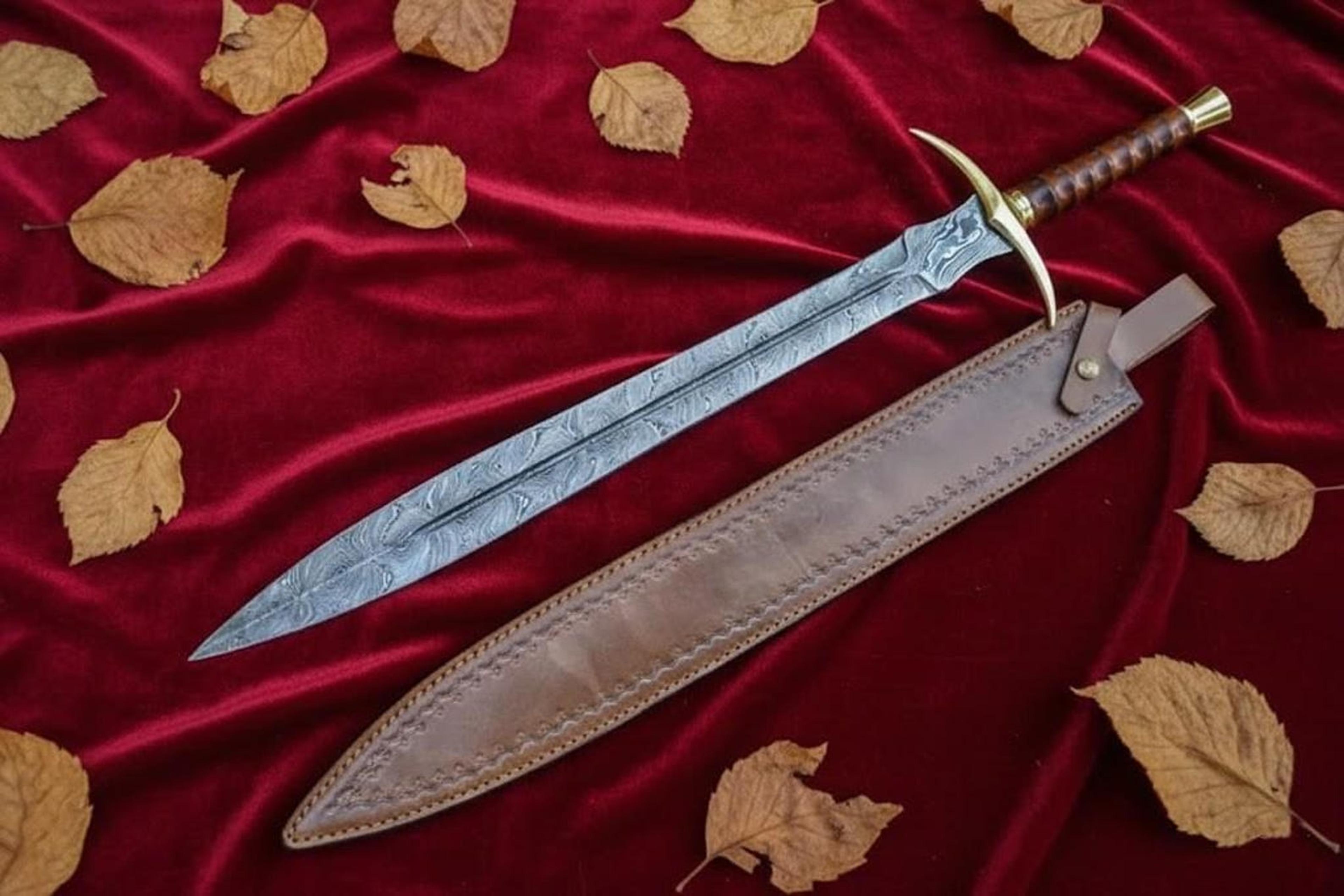 handmade damascus steel sword 35" rosewood handle with leather sheath collector gift