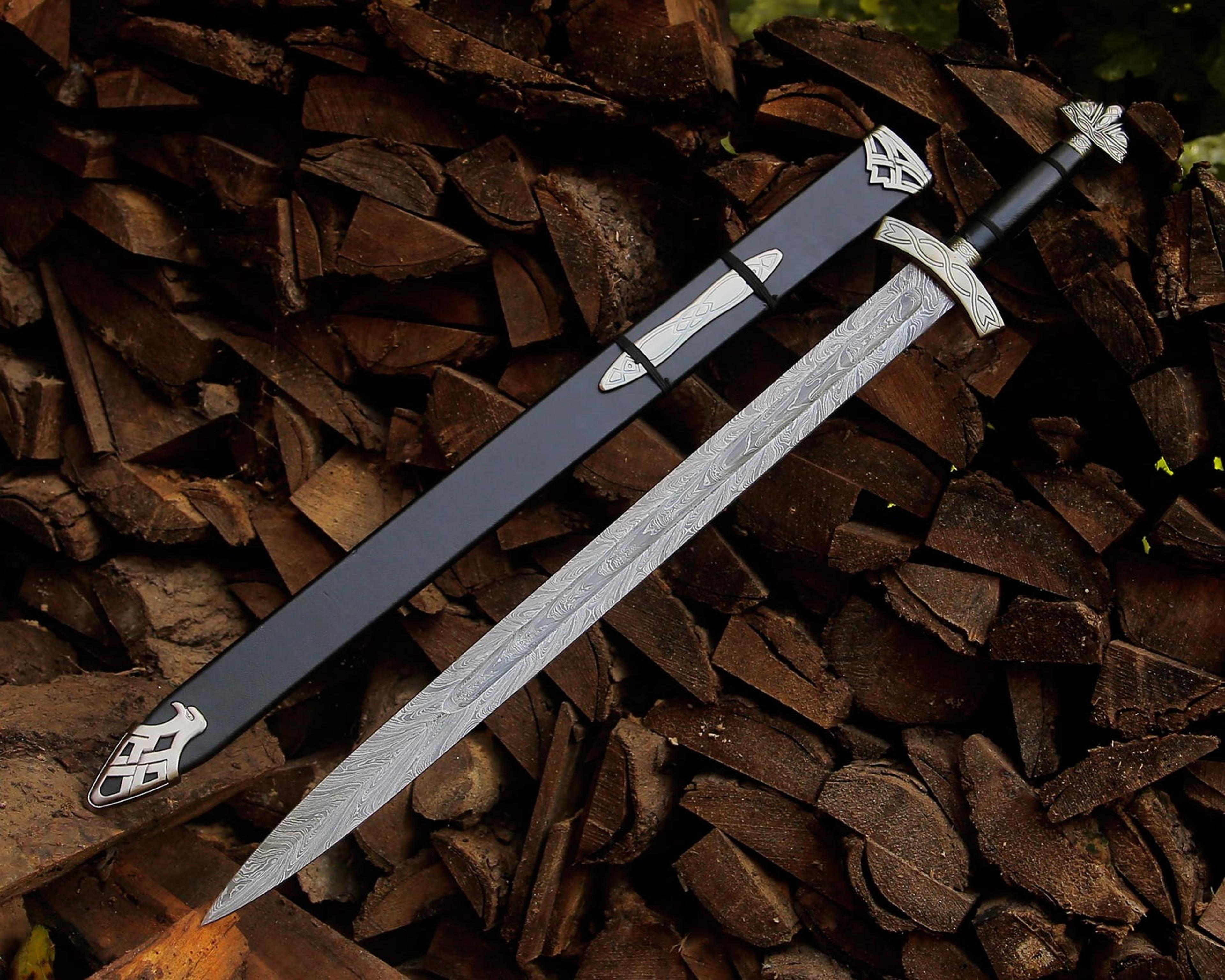 hand forged damascus sword 36" medieval knight fantasy blade with black scabbard