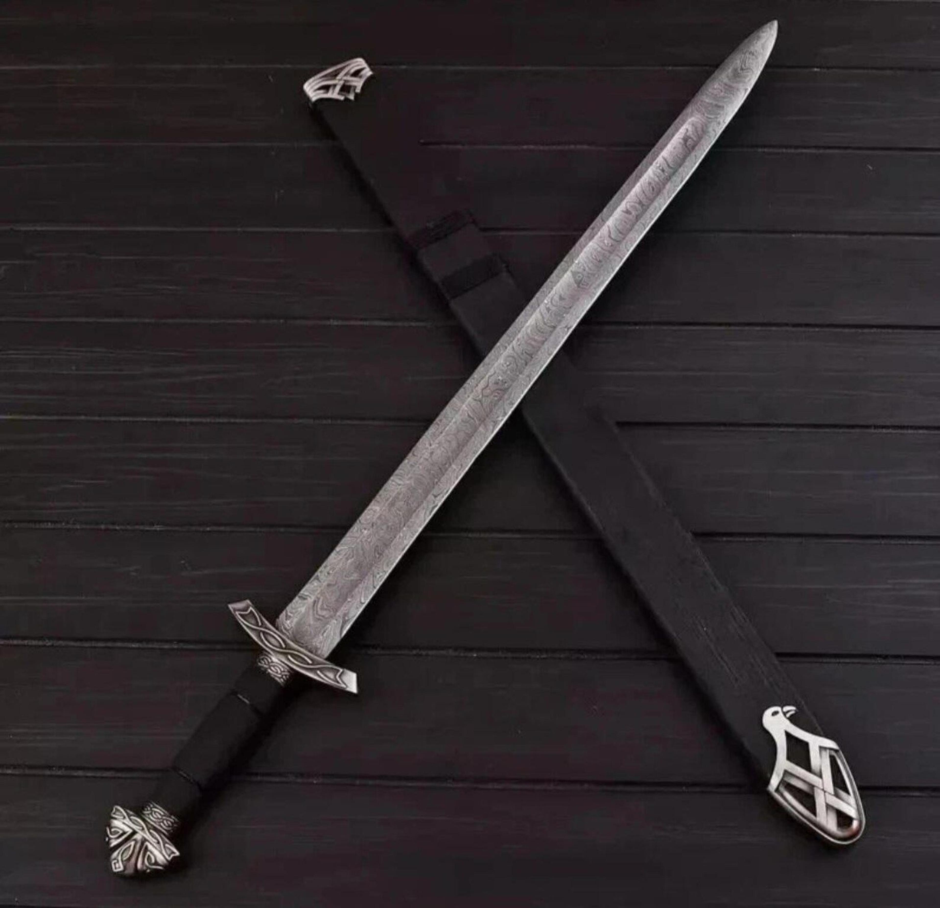 hand forged damascus steel viking sword norse rune engraved medieval fantasy collectible | wedding gift