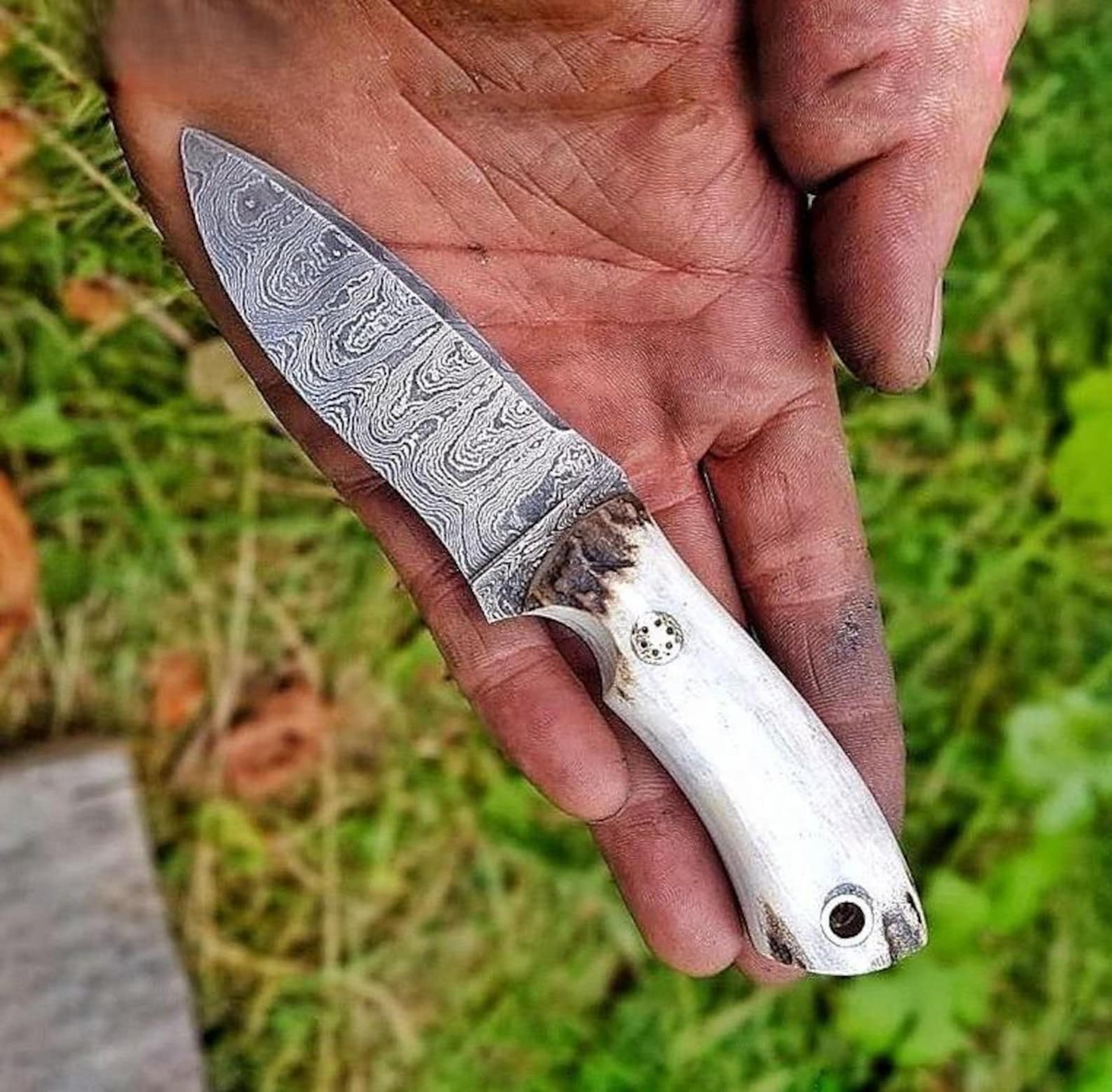 real damascus small edc hunting knife 150 layers stag horn handle with leather sheath