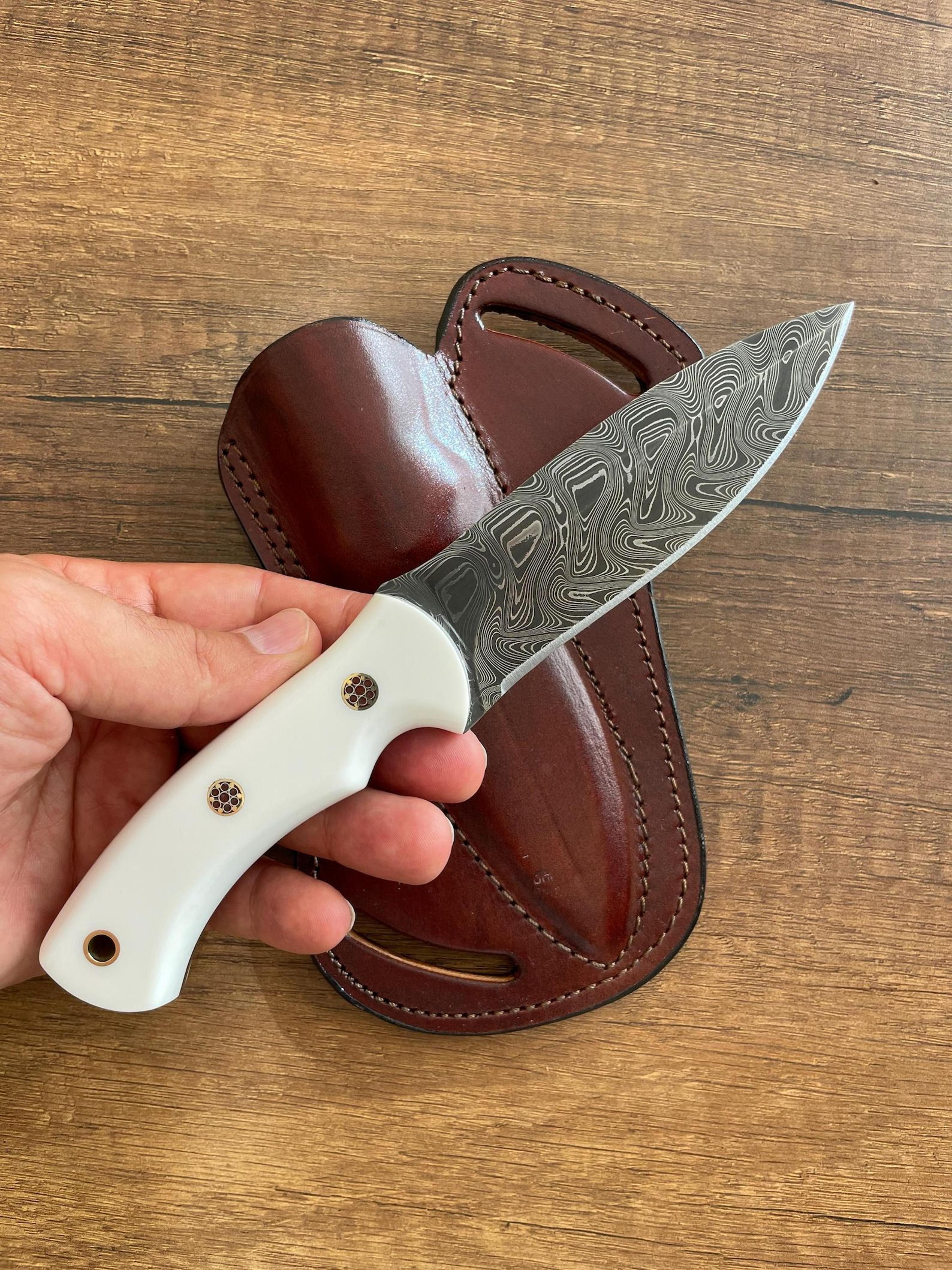 handmade damascus outdoor knife – white corian handle hunting & survival blade