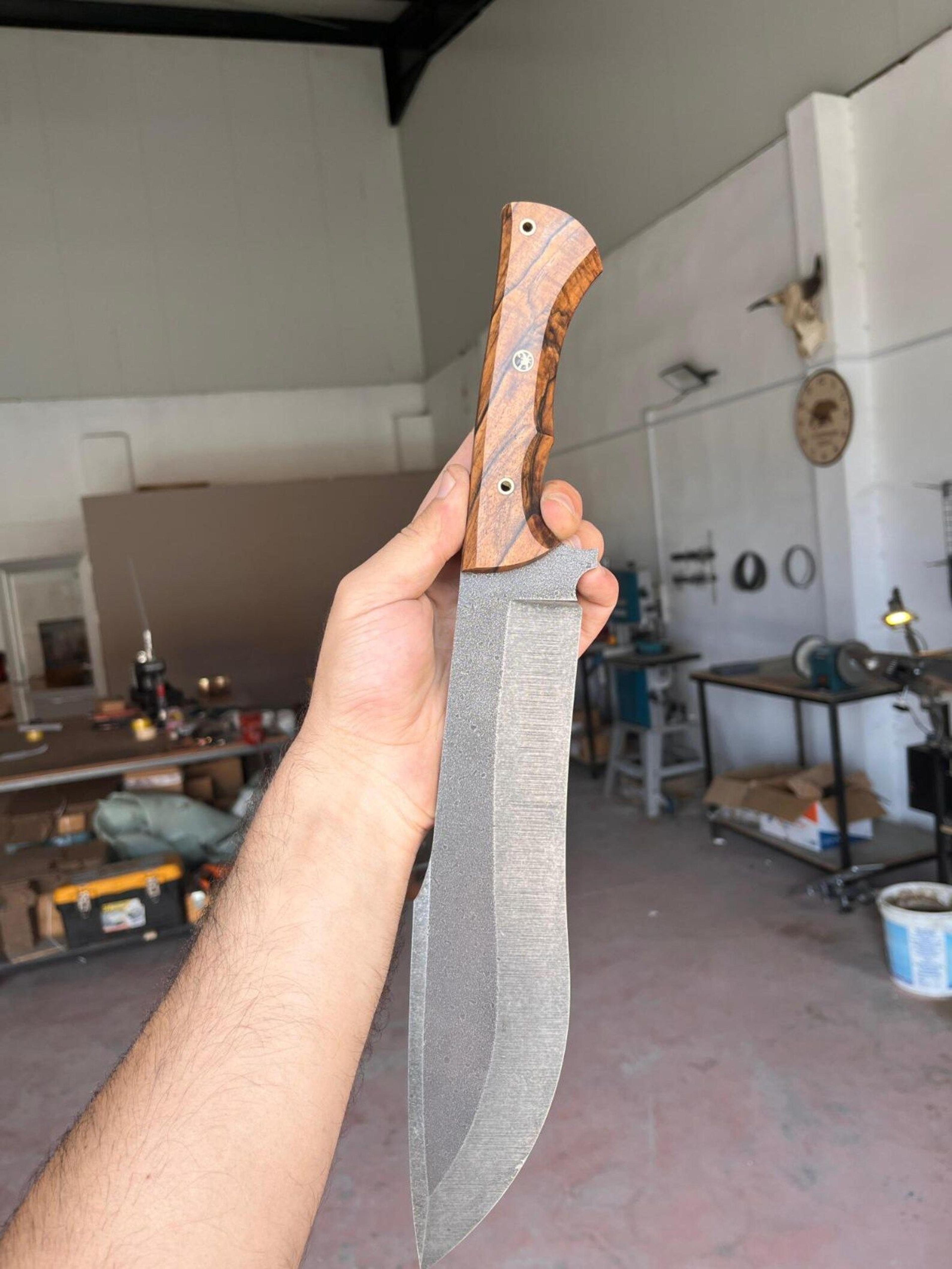 machete knife sleipner steel heavy chopper blade walnut wood handle stonewashed finish