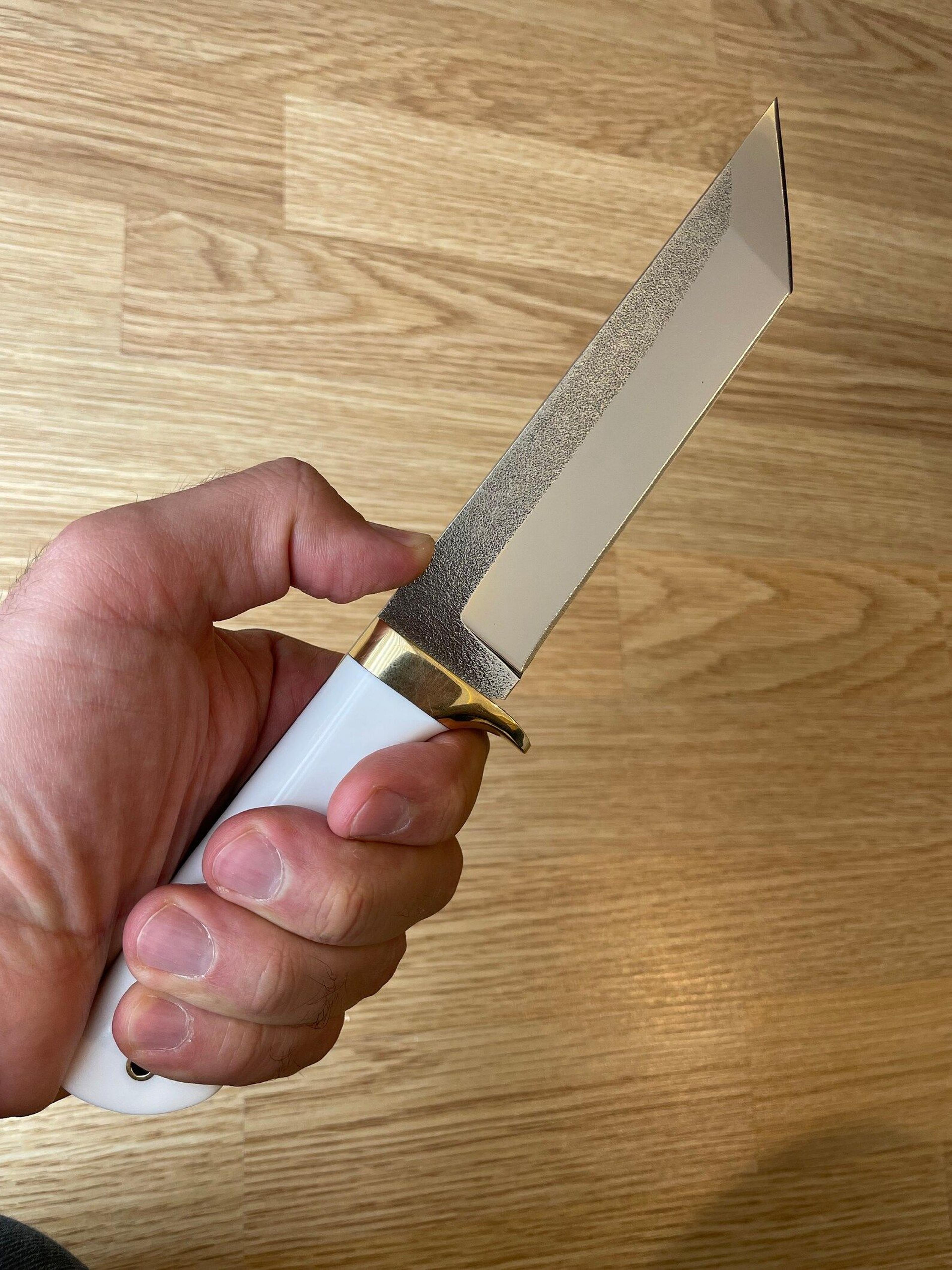 handmade n690 steel hunting knife – white corian handle outdoor blade