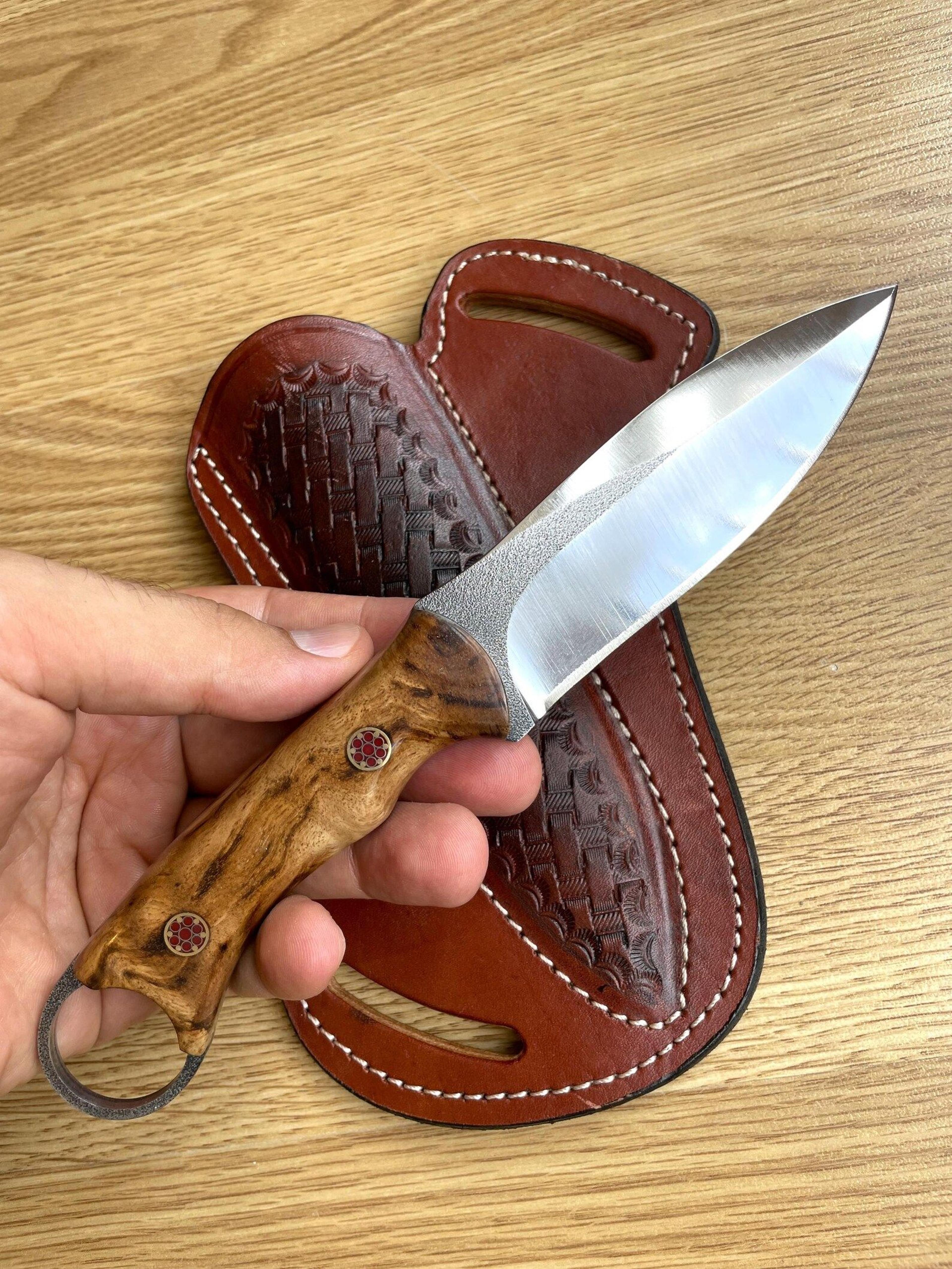 handmade n690 steel hunting knife – glossy chestnut wood camping blade