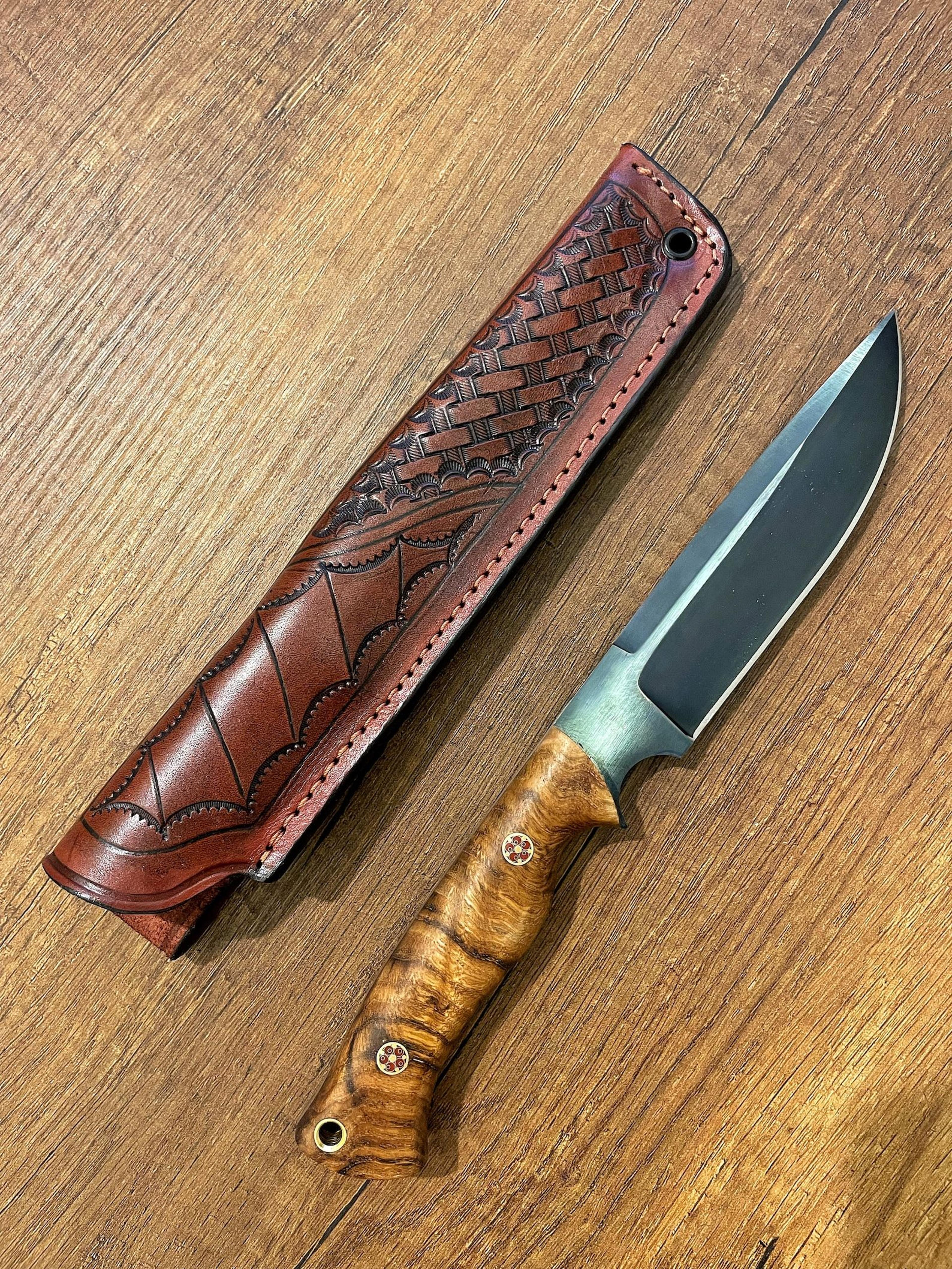 artisan camping knife with acid darkened 1075 carbon steel blade