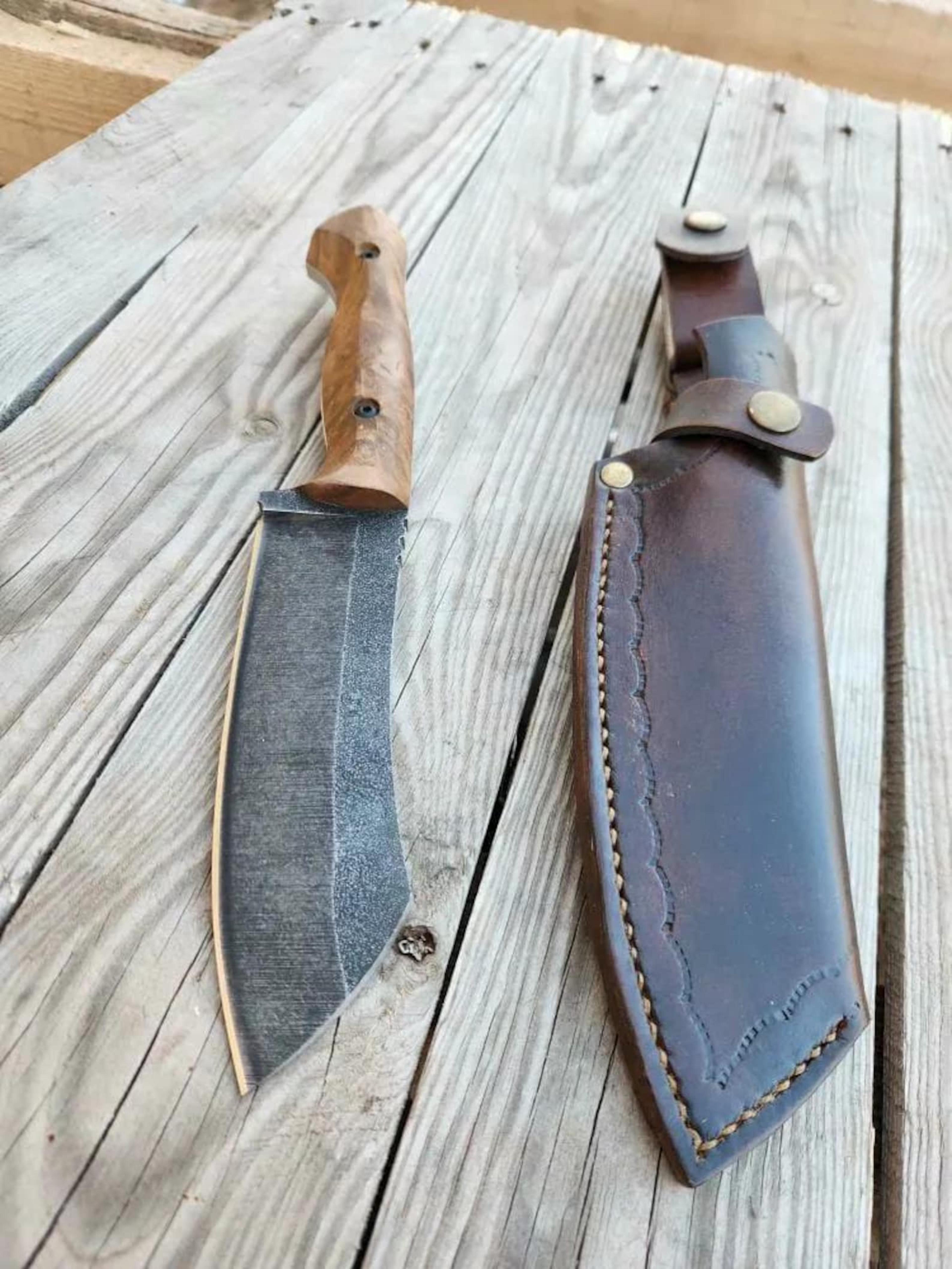 handmade camping cleaver knife with walnut wood handle & leather sheath