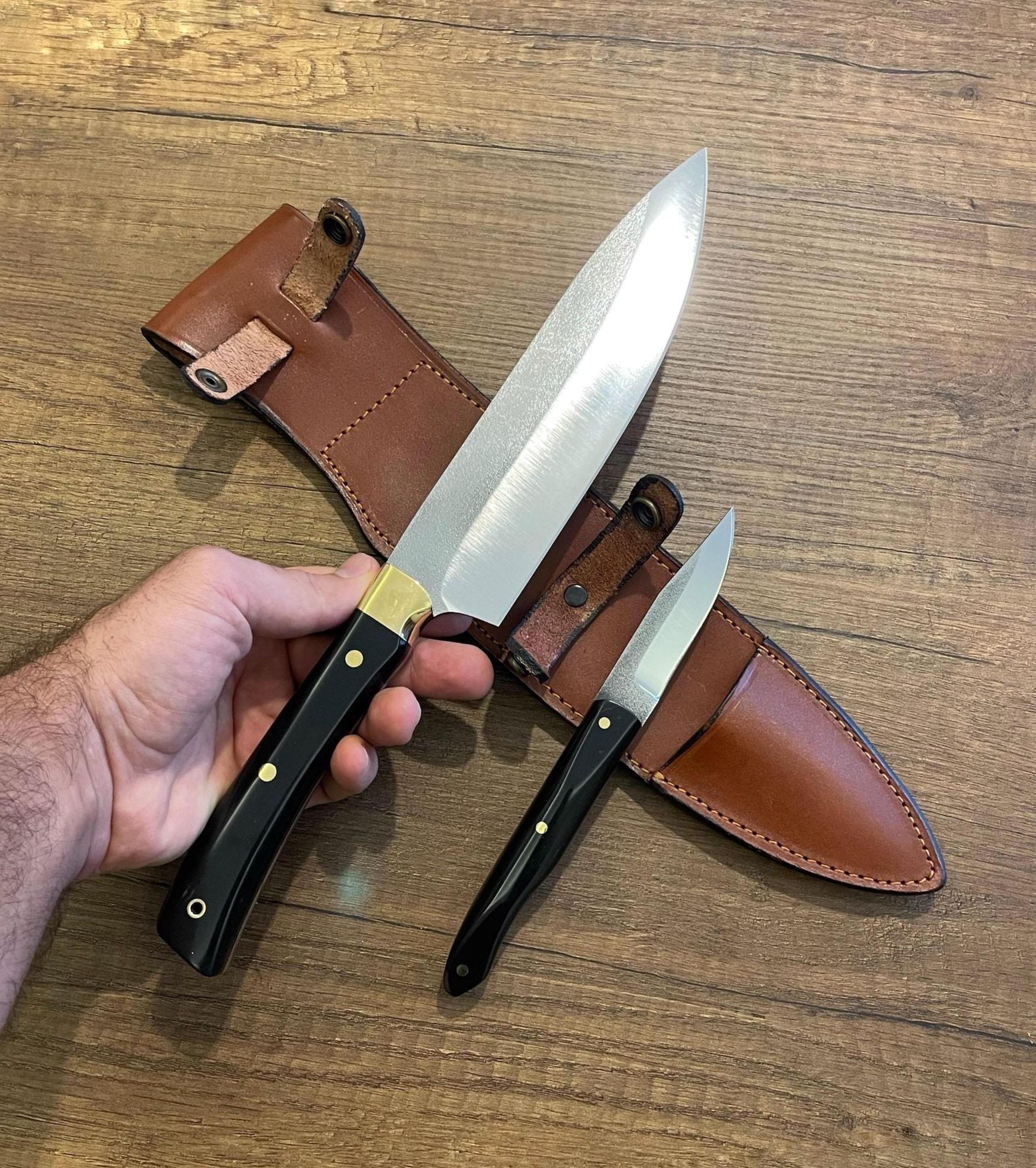 handmade n690 steel chef knife set – black handle kitchen cooking blades
