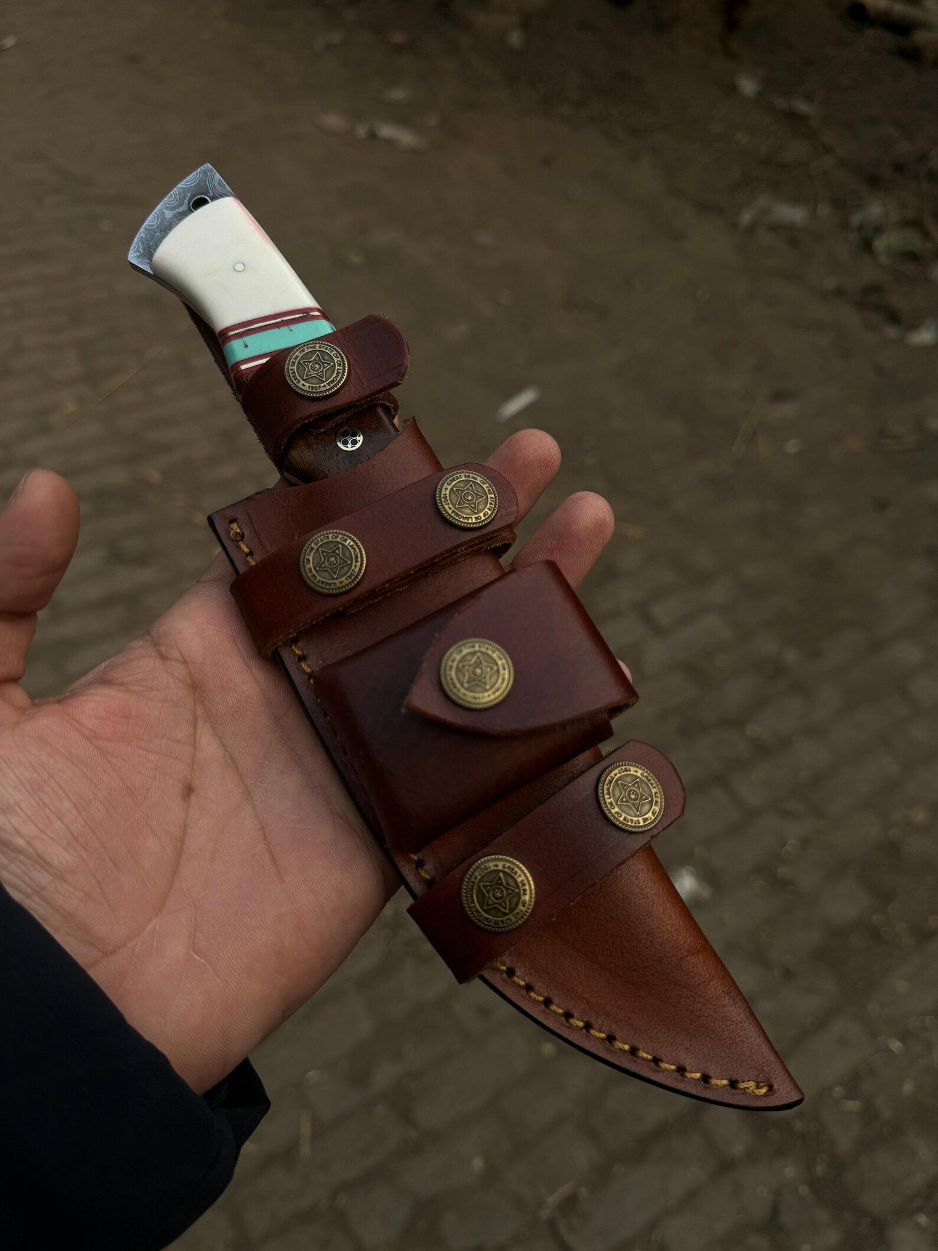 damascus guthook hunting knife with bone & rosewood handle – premium skinning knife for hunting, camping & outdoor adven