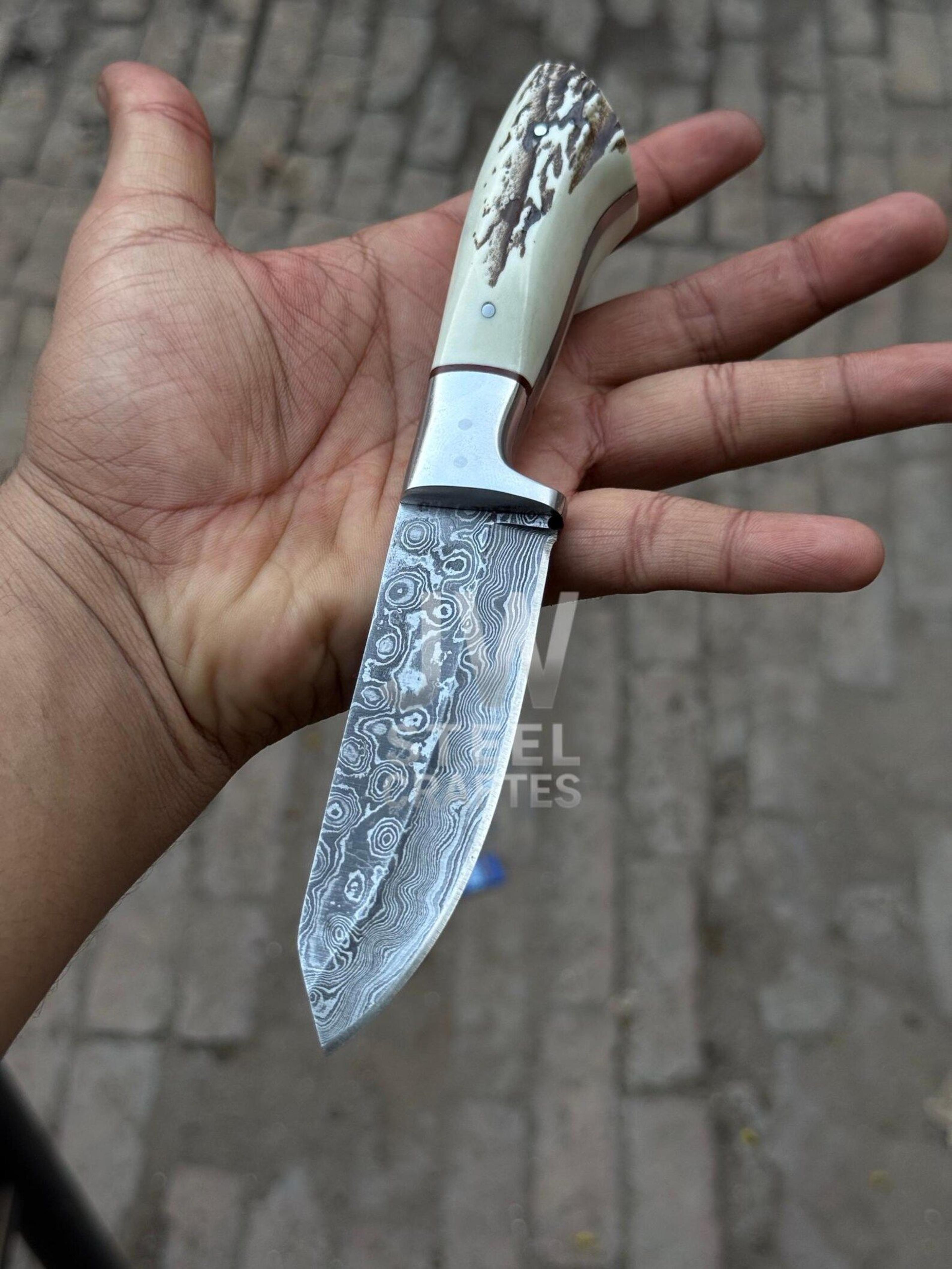 handmade damascus steel skinner knife with exotic antler & hardwood handle unique leather sheath