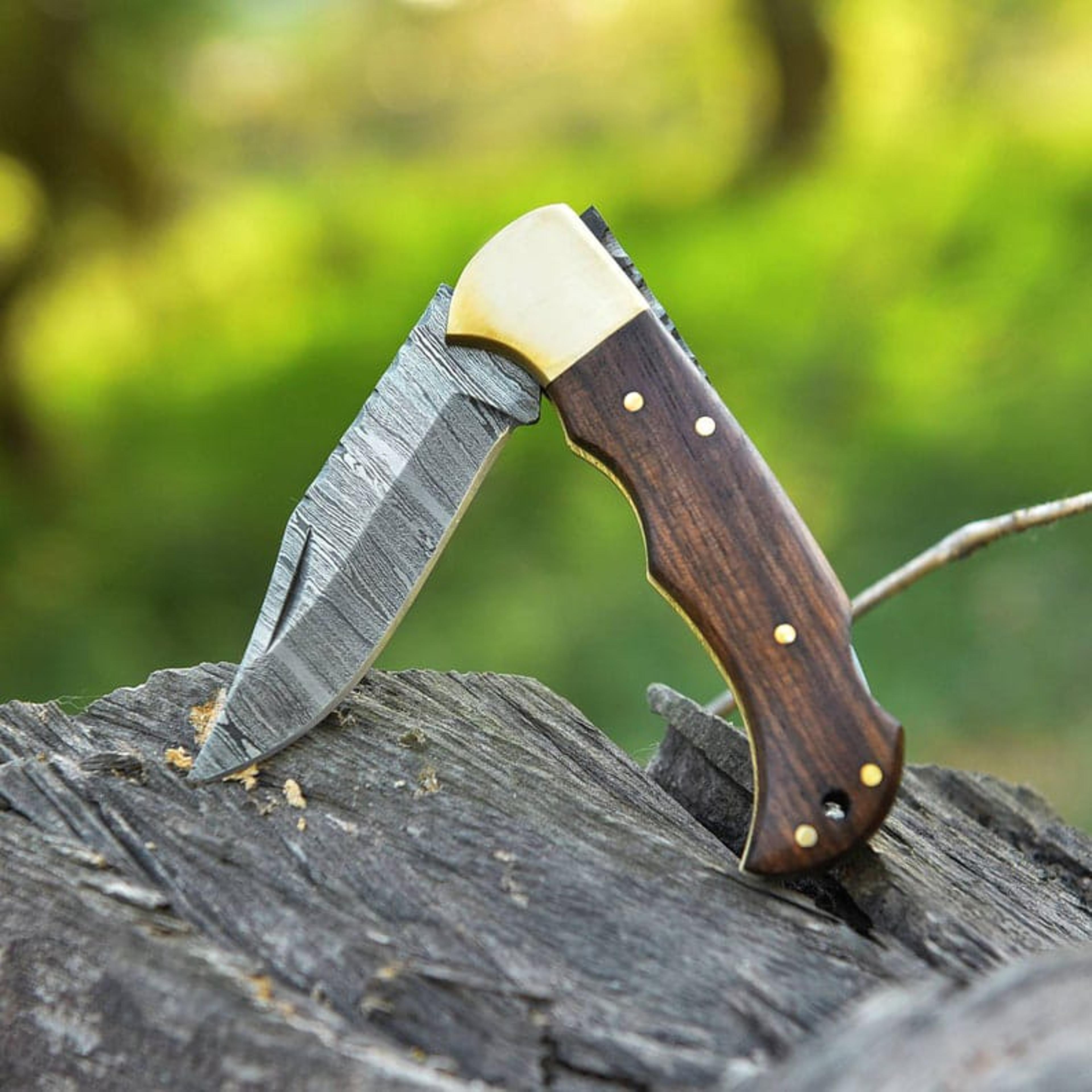 handmade damascus folding knife for men - damascus hunting knife with sheath - best for edc, camping, hiking and outdoor
