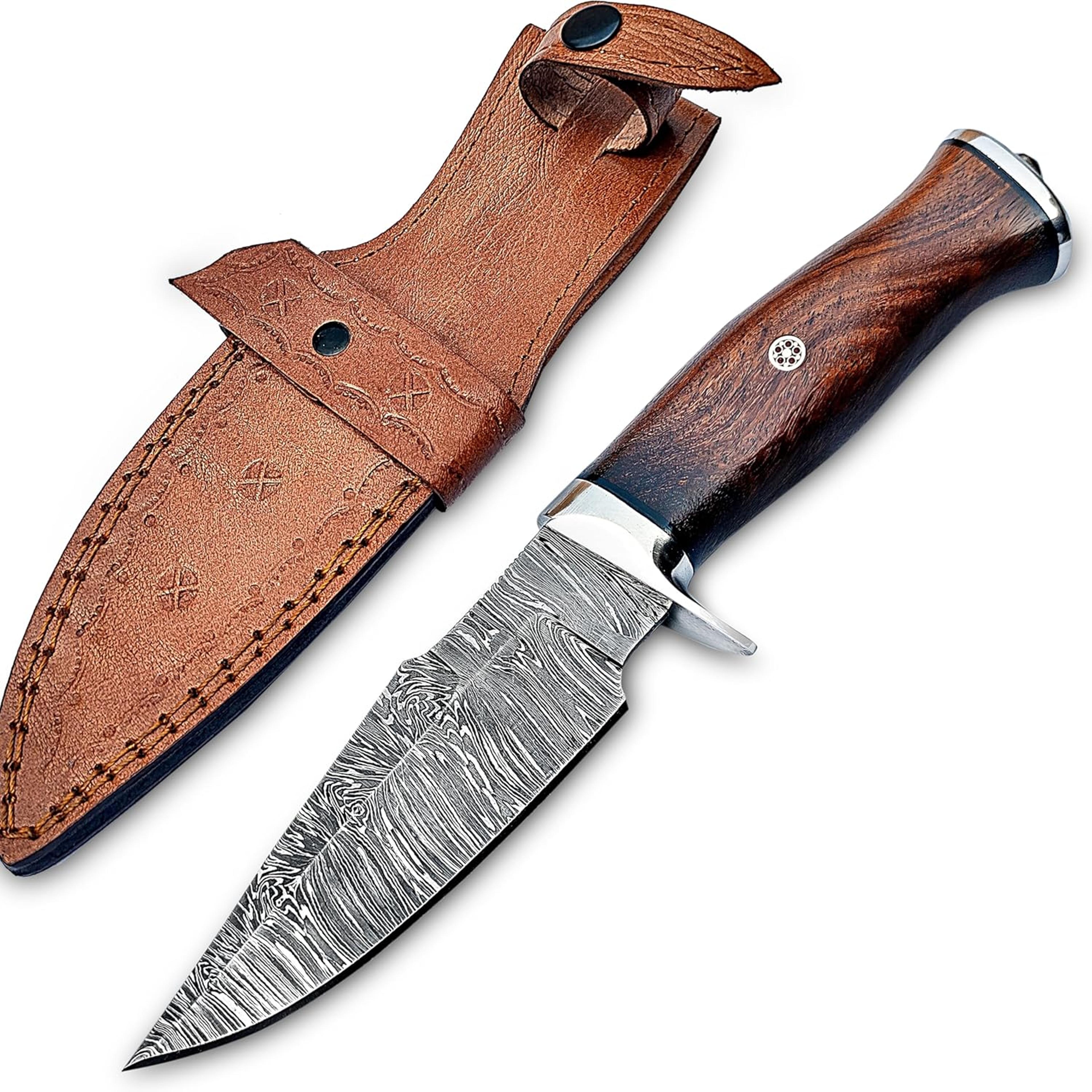 damascus hunting knife fixed blade - 10 inches handmade knife with leather sheath and wood handle - perfect camping tool