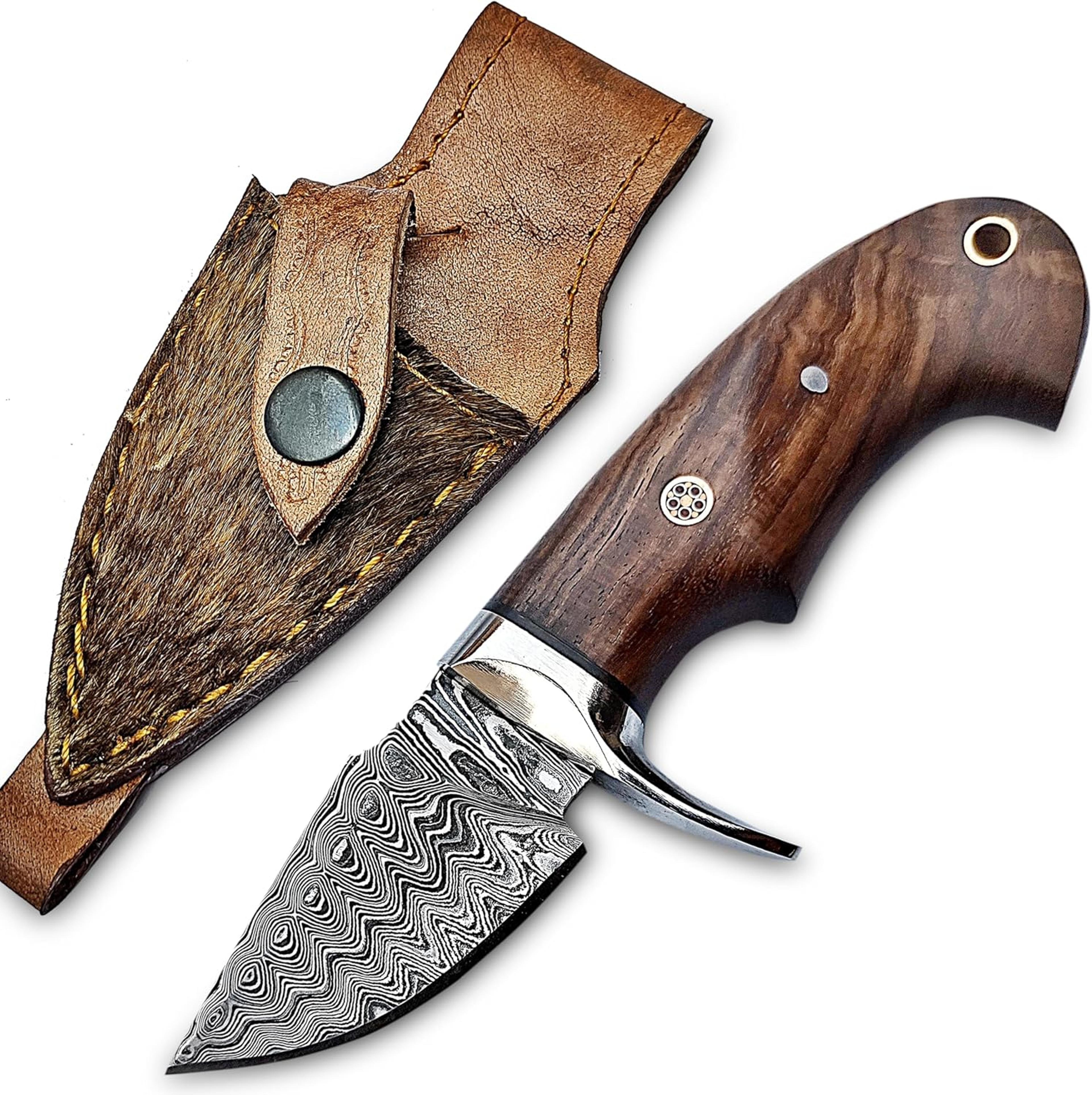 handmade 6" damascus steel neck knife, rosewood handle with steel guard and leather sheath best edc gift for men