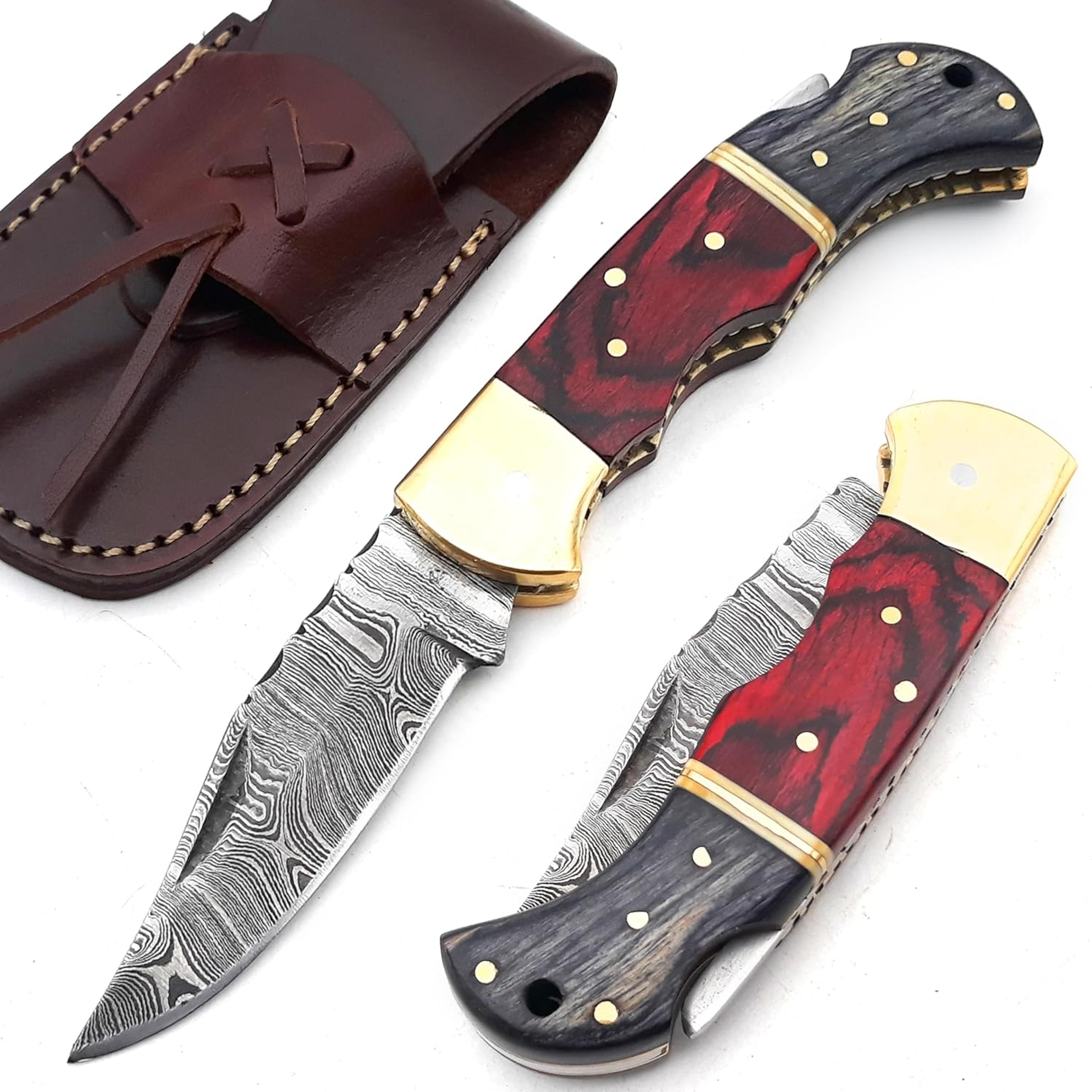 damascus pocket folding knife with sheath - lockback lightweight multi-tool for camping, outdoor, hunting, survival, edc