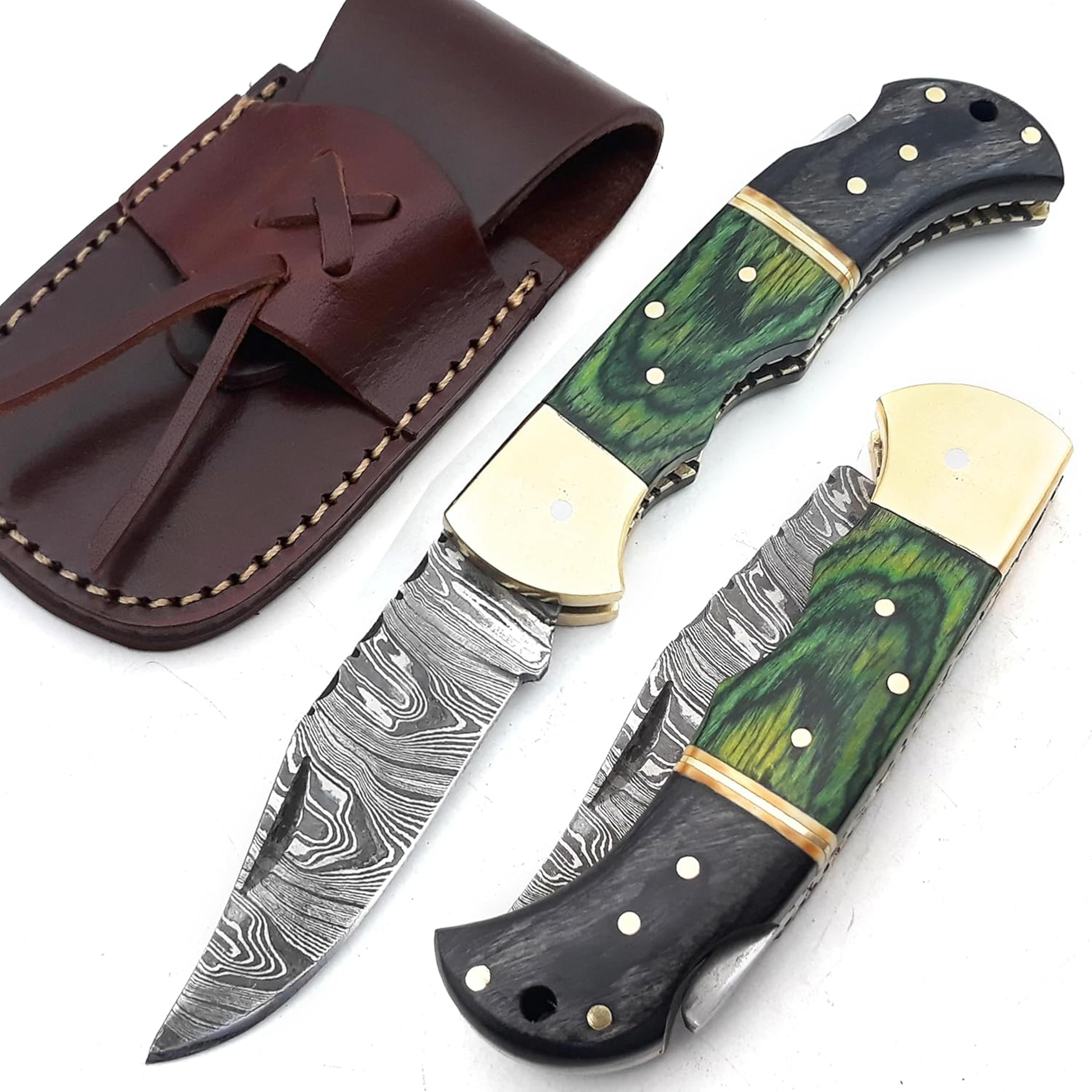 damascus pocket folding knife with sheath, 6.5 inch lightweight multi-tool for camping, outdoor, hunting, survival