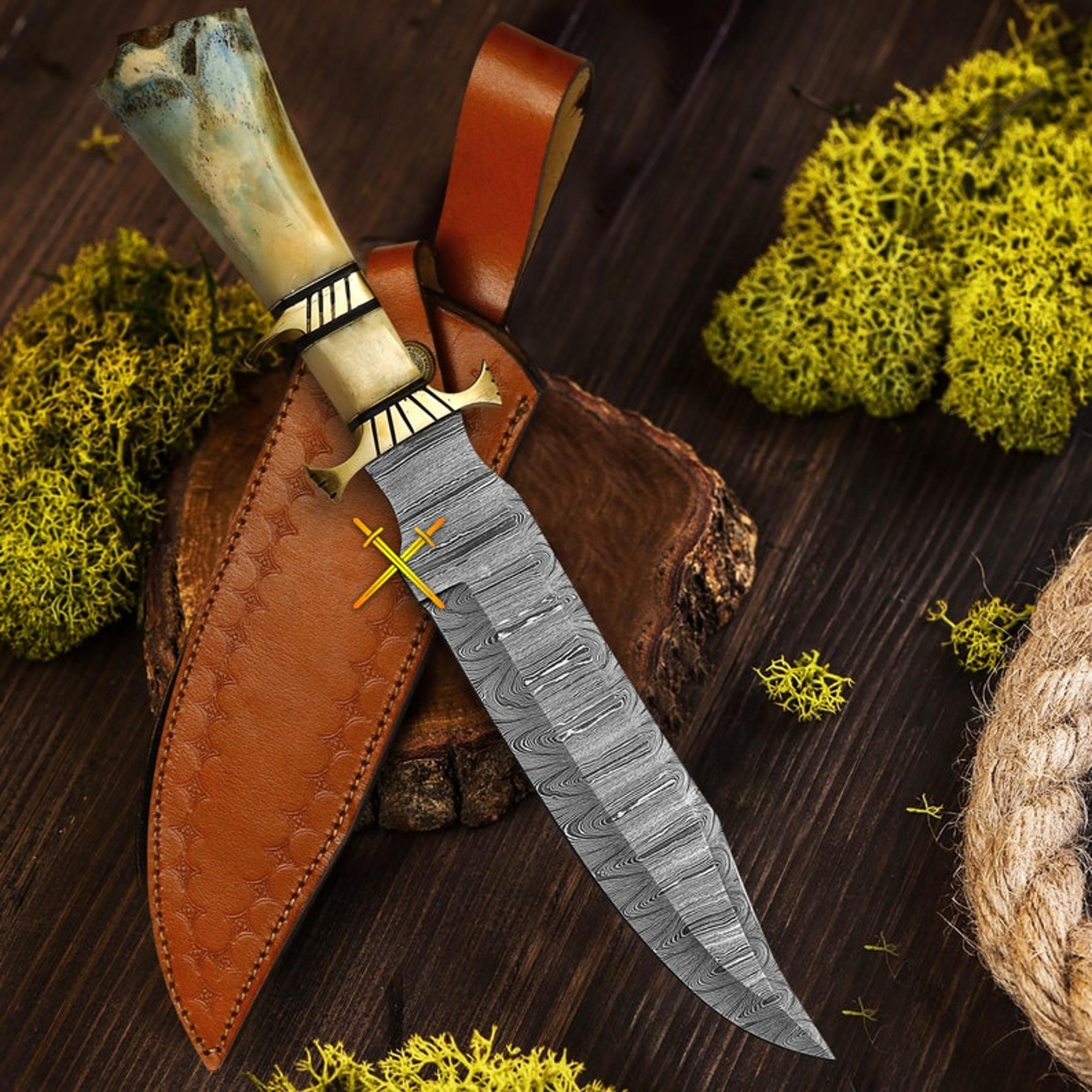 14" damascus steel bowie knife with camel bone and brass handle | trailing point blade | hunting knife | fixed blade