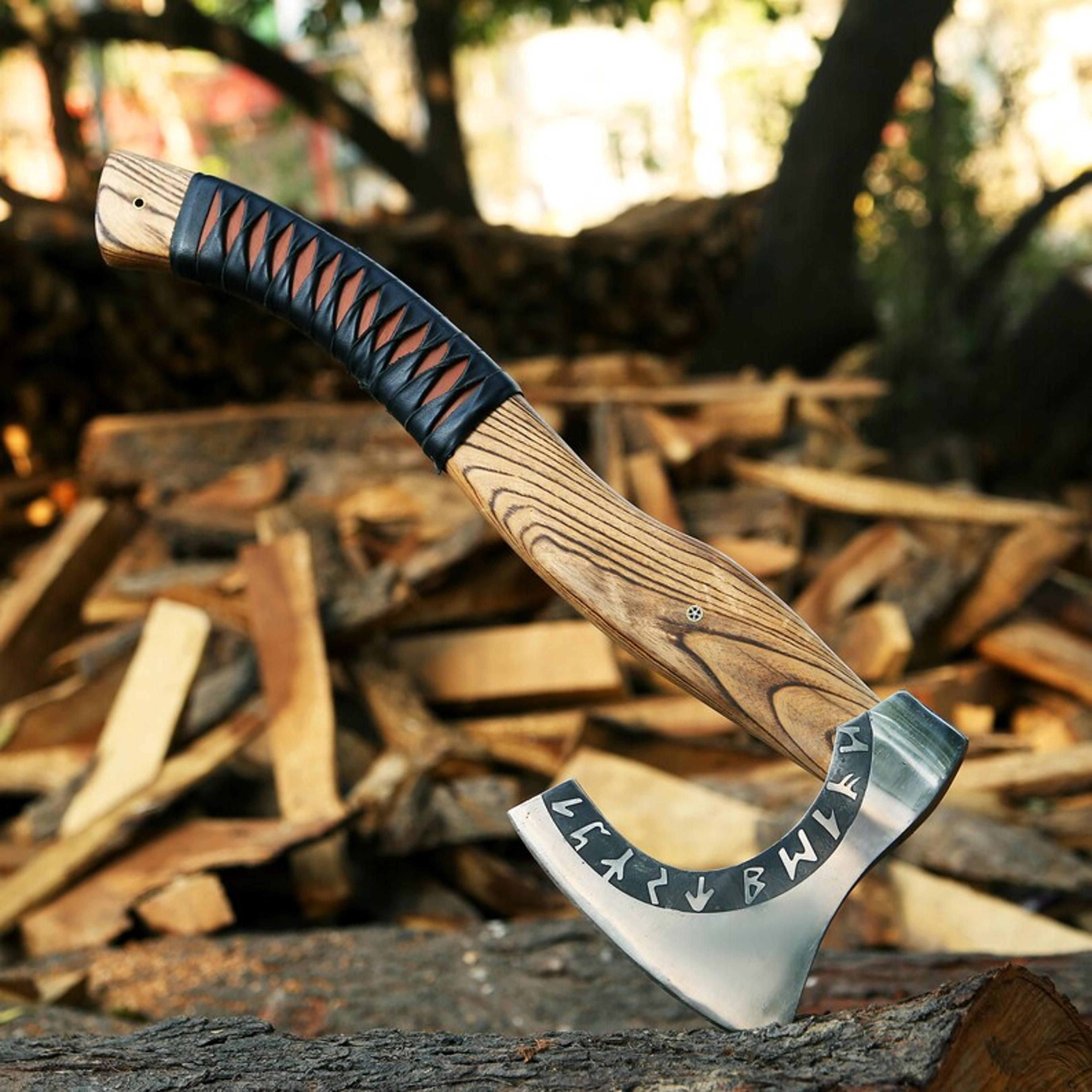 custom gift carbon steel forest viking axe with ash wood shaft, viking bearded camping axe, christmas gift for men