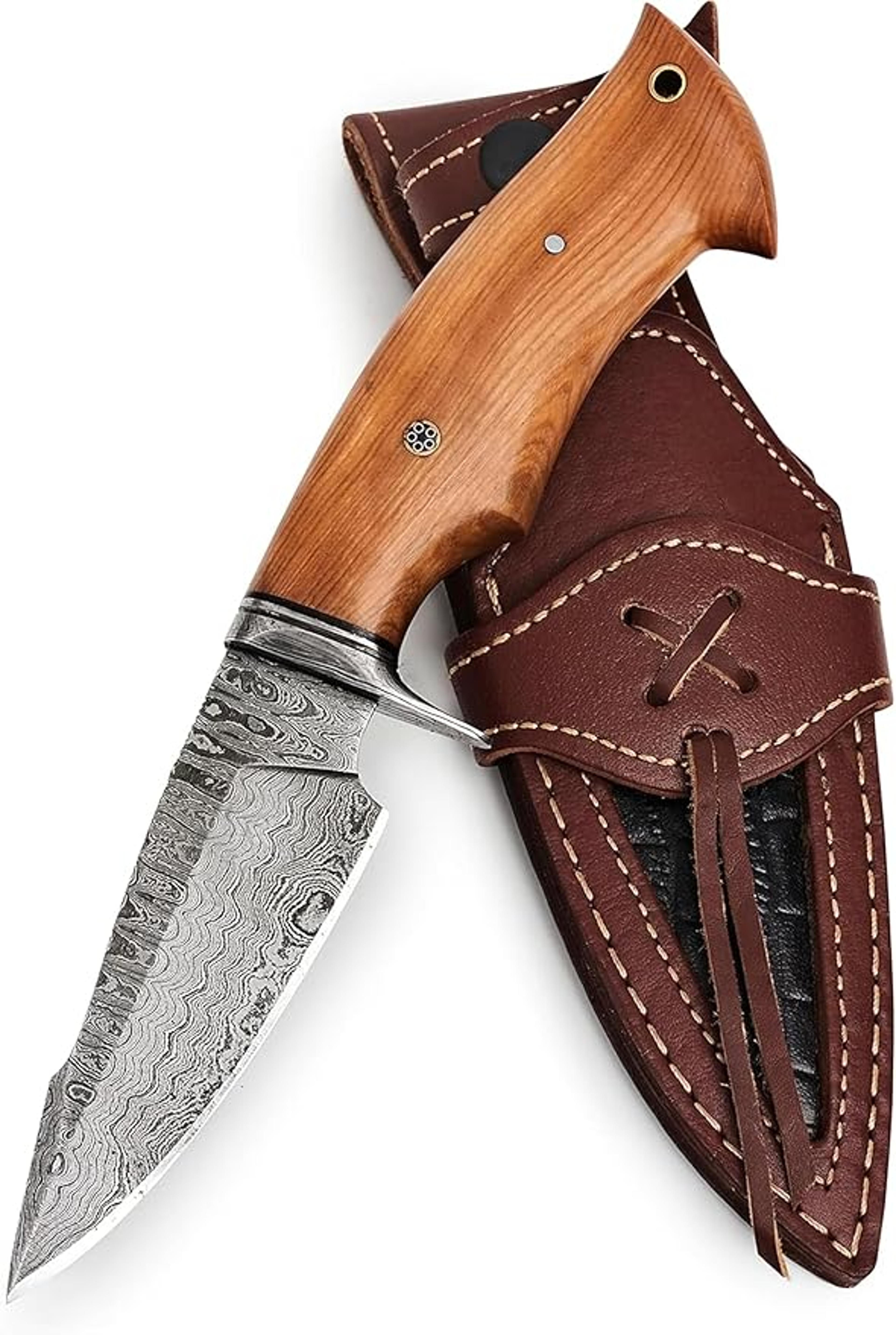 bushcraft fixed blade hunting knife with sheath and olive wood handle - 10 inches edc skinning knife