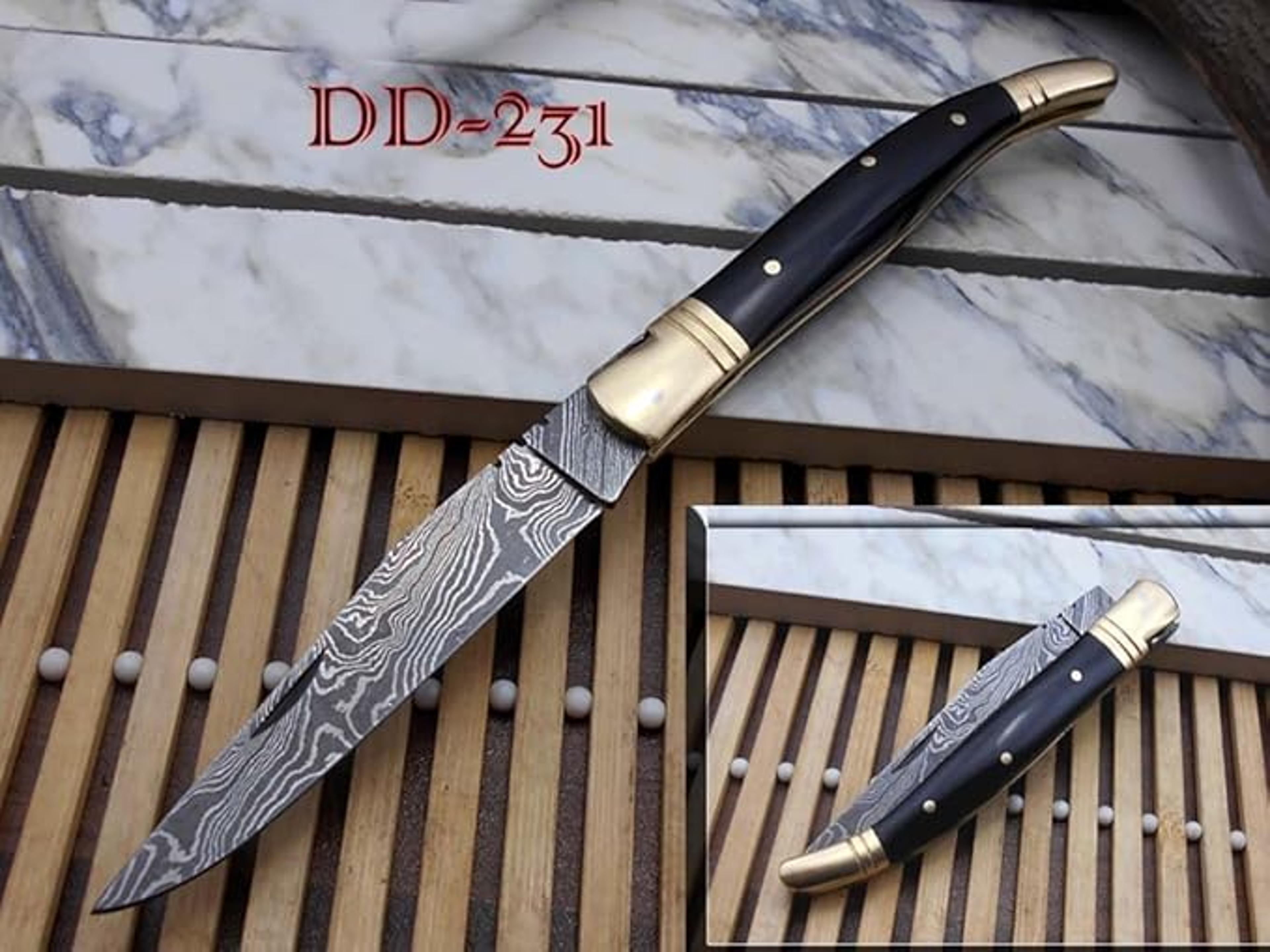 laguiole damascus steel folding knife, 8.6" long with 4.1" hand forged custom twist patren blade.