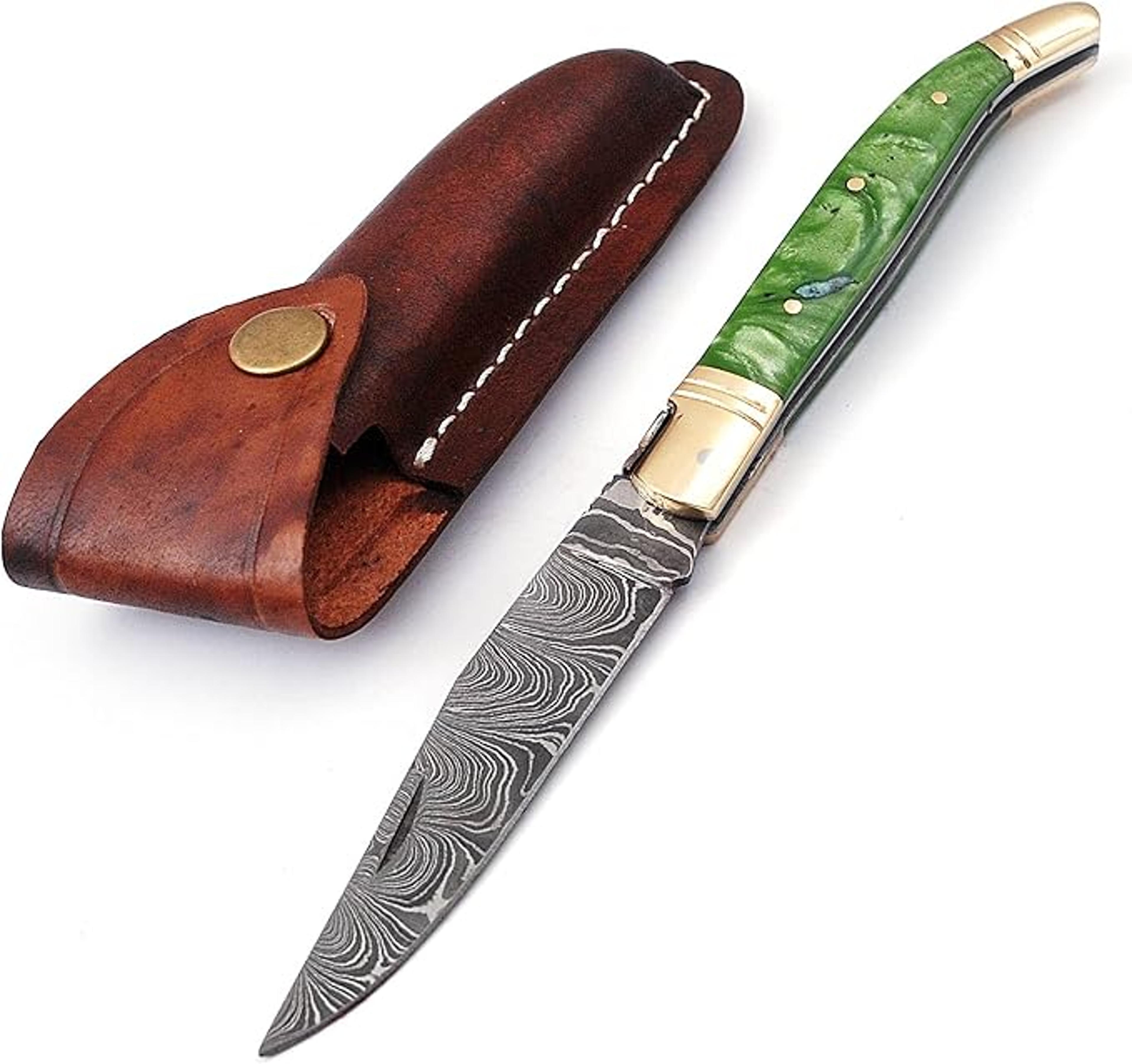laguiole damascus steel folding knife, 8.6" long with 4.1" hand forged custom twist patren blade. with green handle