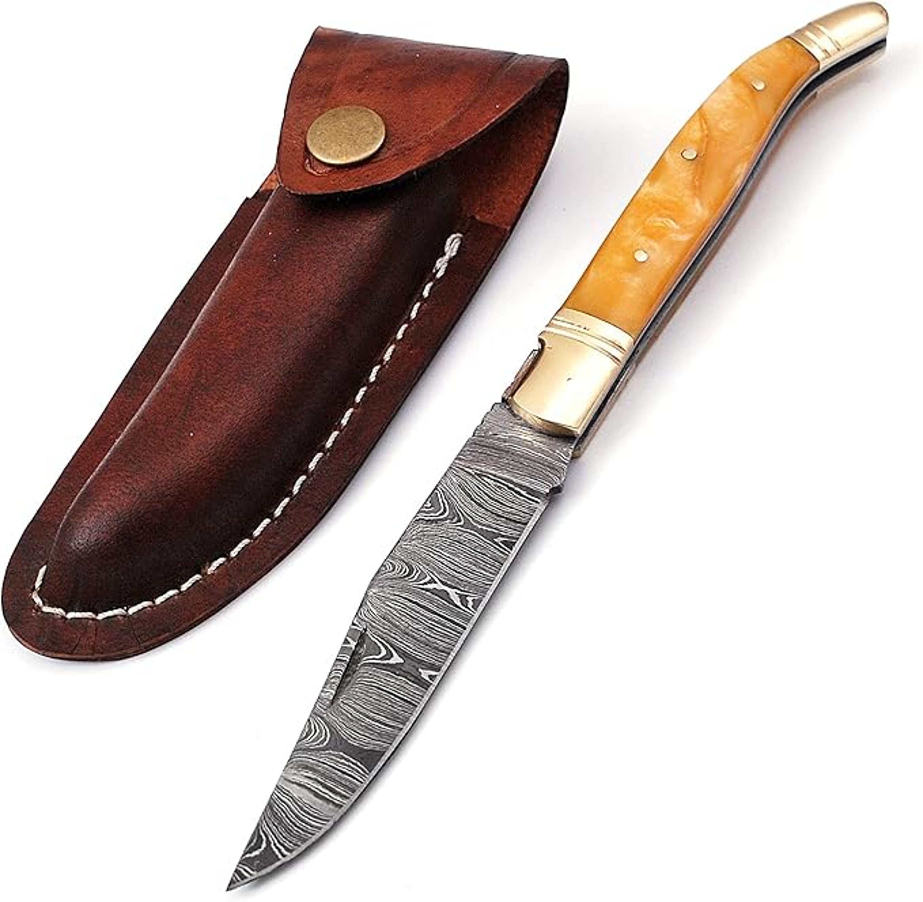 laguiole damascus steel folding knife, 8.5" long with 4" hand forged custom twist pattern blade. beige color unshrinkabl