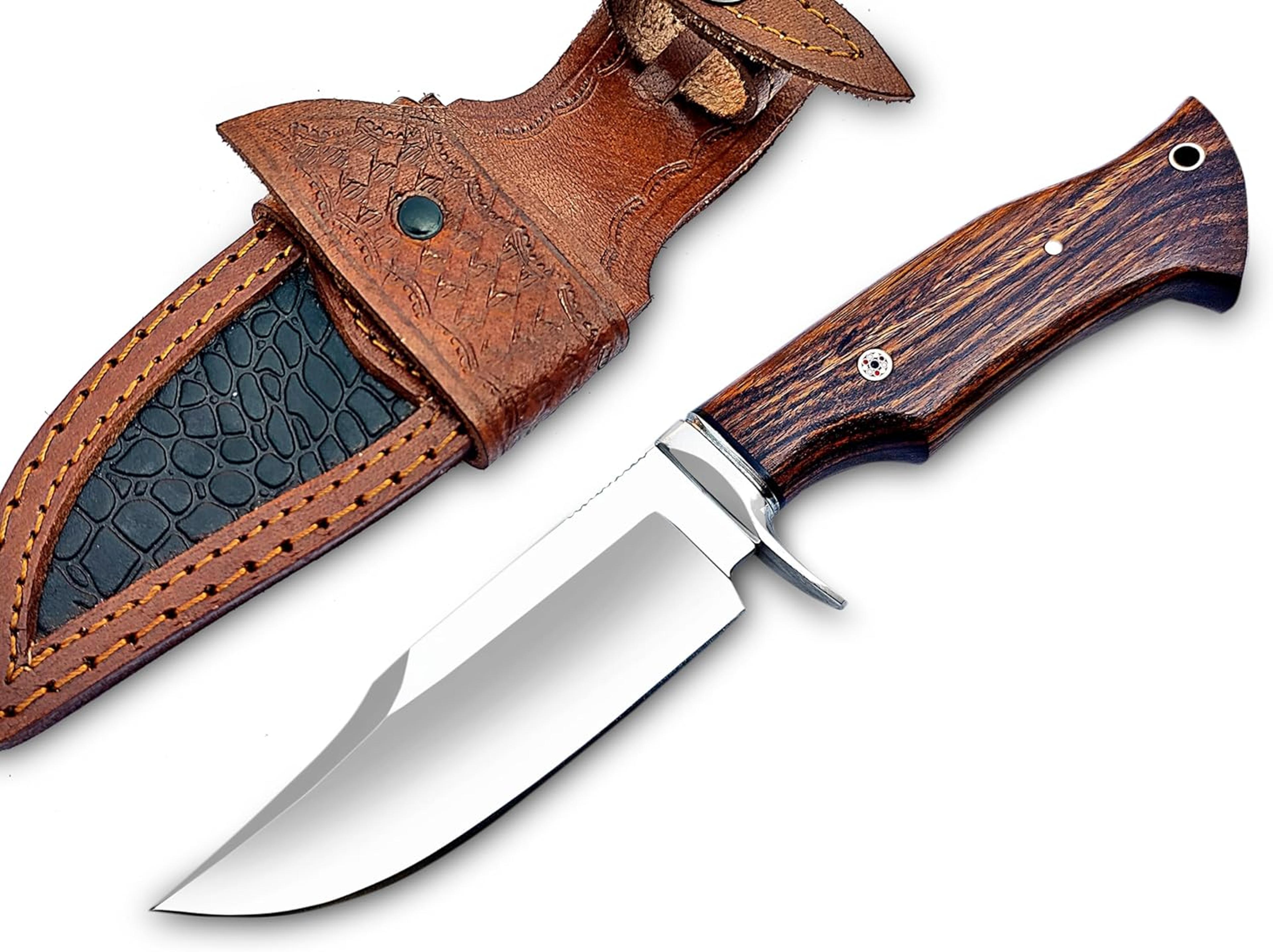 handmade 10 inch damascus hunting knife - bushcraft fixed blade hunting knife with sheath and rose wood handle edc knife