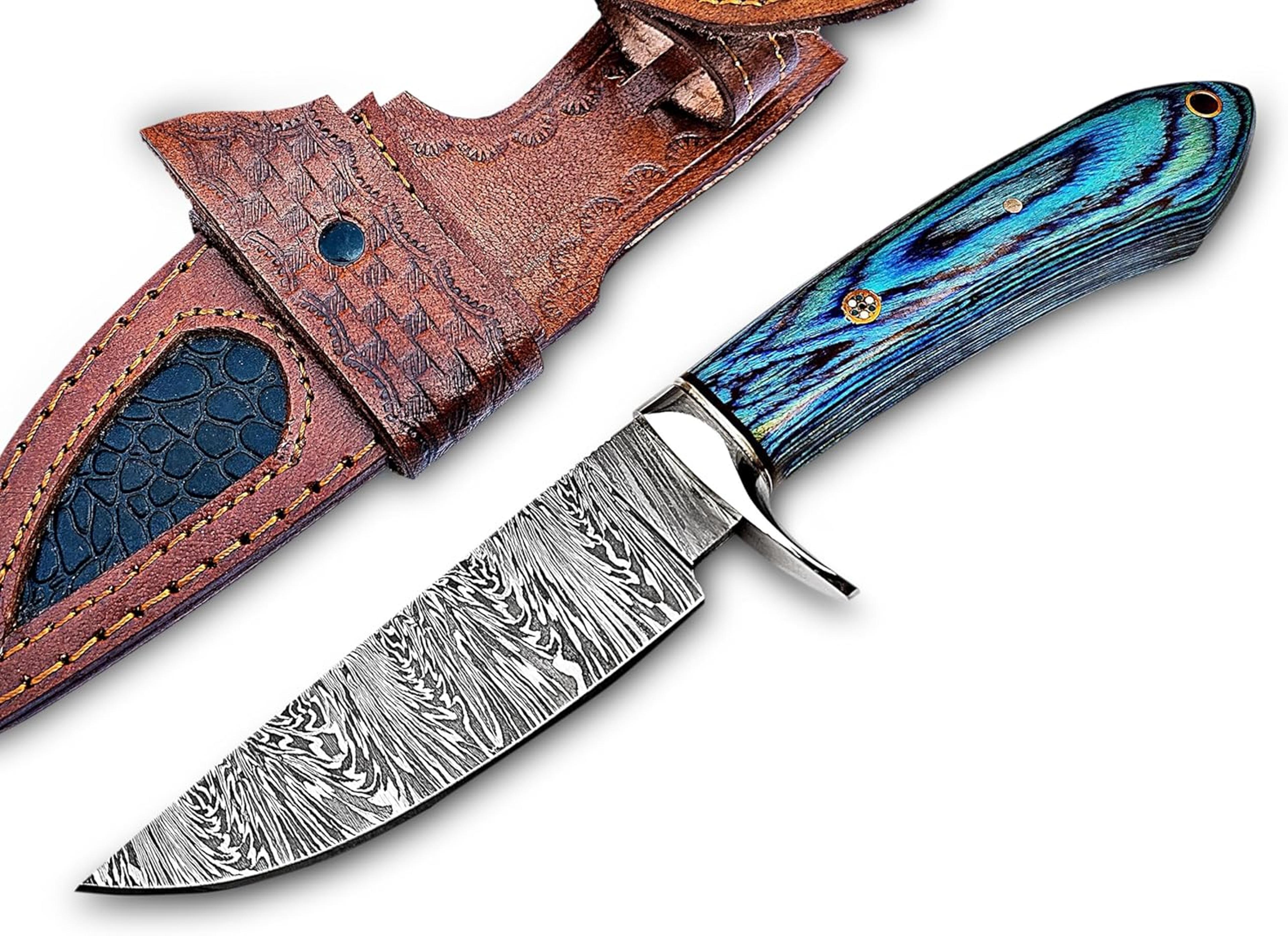 9.5 inches handmade damascus hunting knife. fixed blade skinnig, camping, survival, outdoor and everyday carry tools