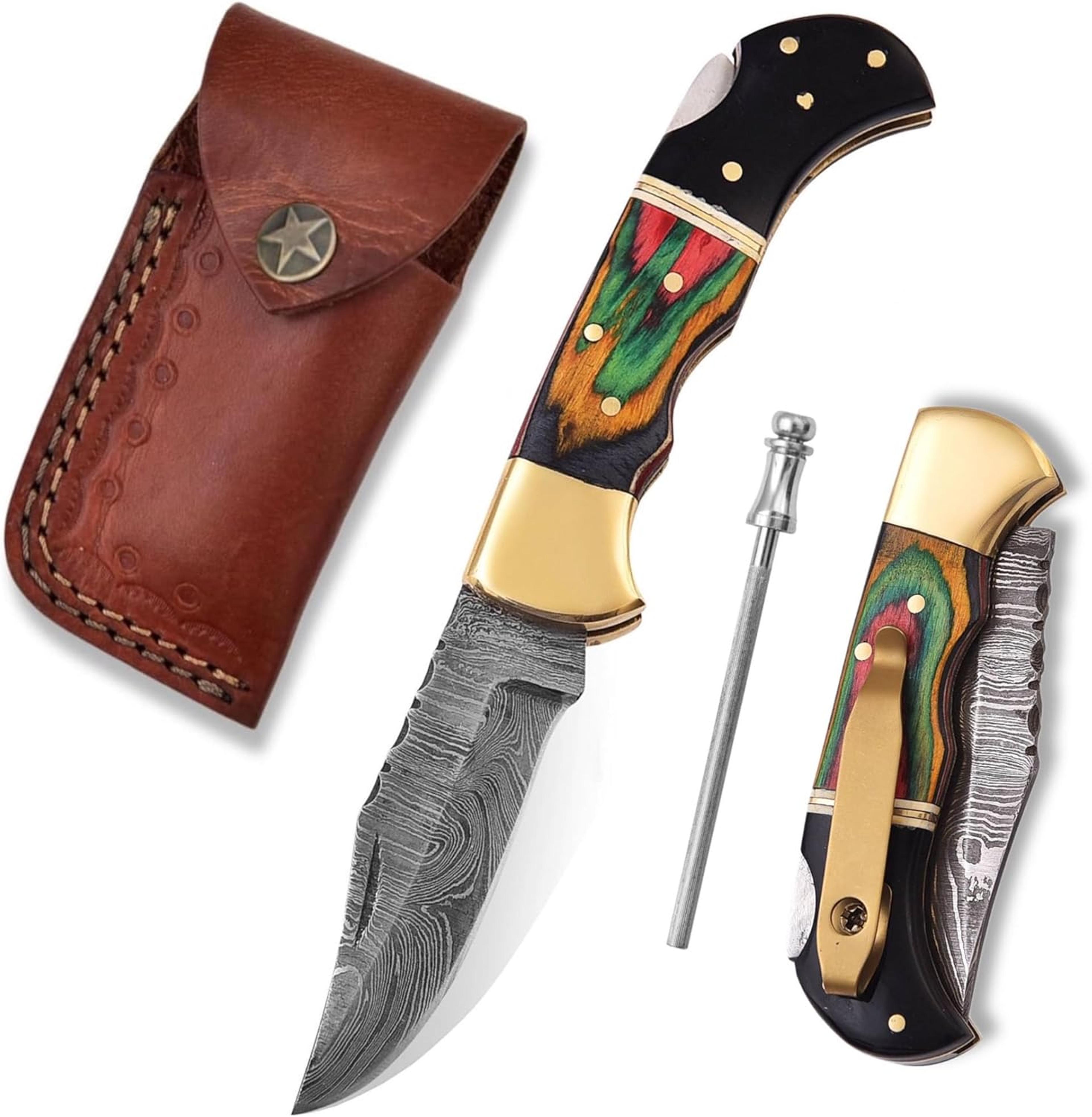 damascus pocket knife with clip - 6.5" handmade folding knife with sheath - pocket knife men - good for camping, hunting