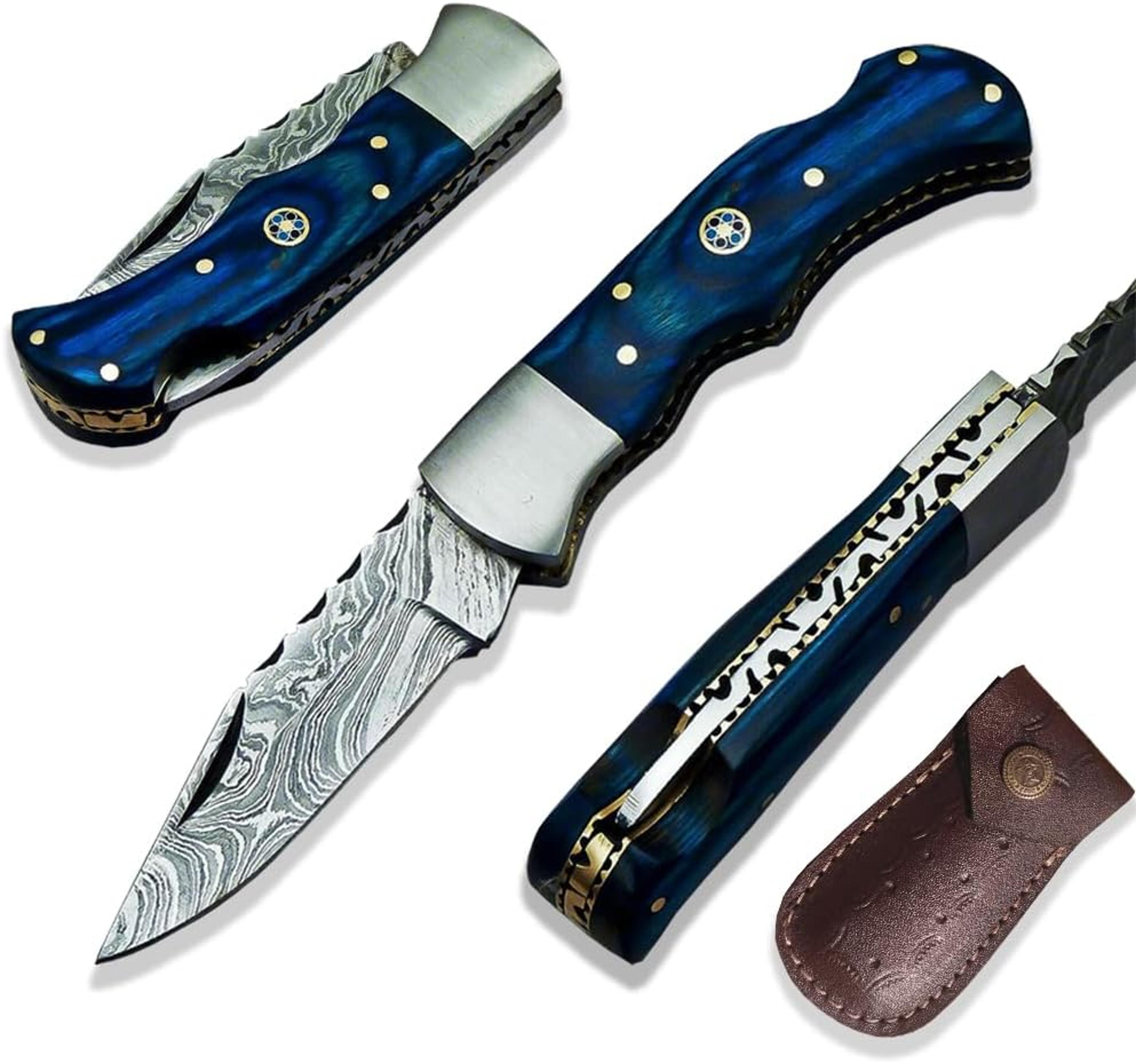 hand forged damascus foldable pocket knife with leather sheath, handmade damascus back lock folding knife
