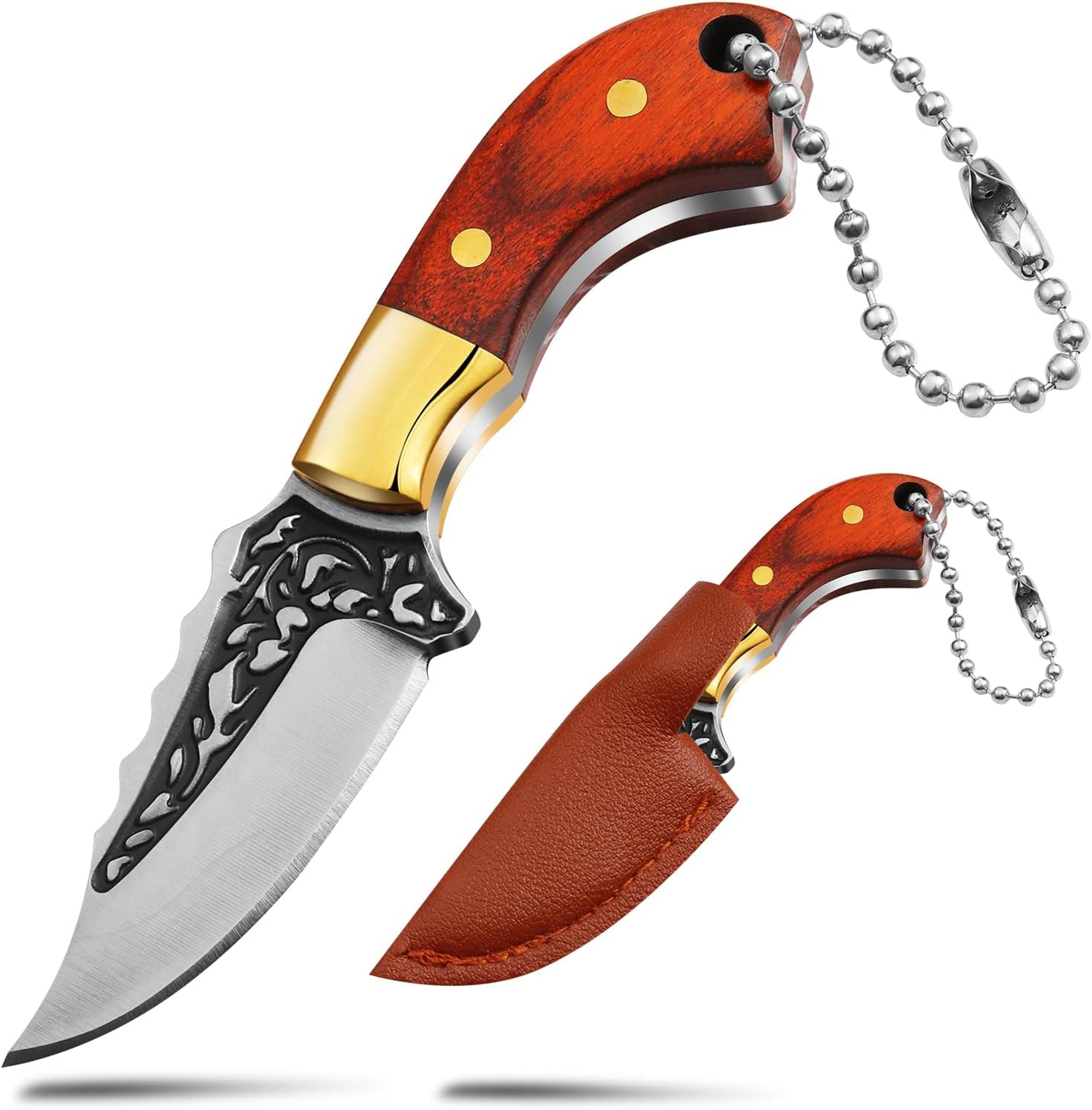 mini keychain knife, 3.35 inch stainless steel fixed blade hunting knife with leather sheath, wood handle everyday use