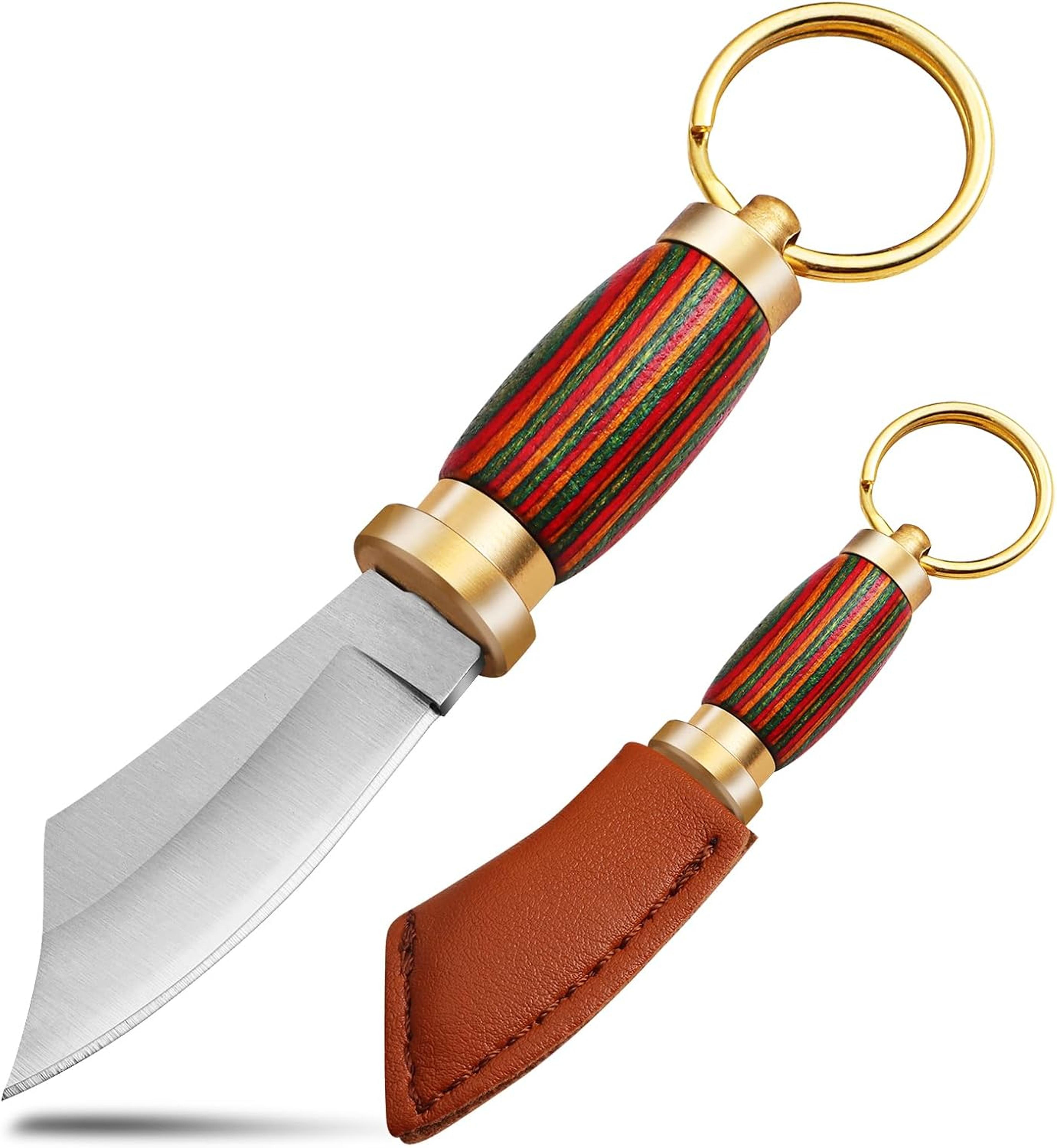 mini keychain knife, 3.35 inch stainless steel fixed blade knife with leather sheath, wood handle edc tiny knife