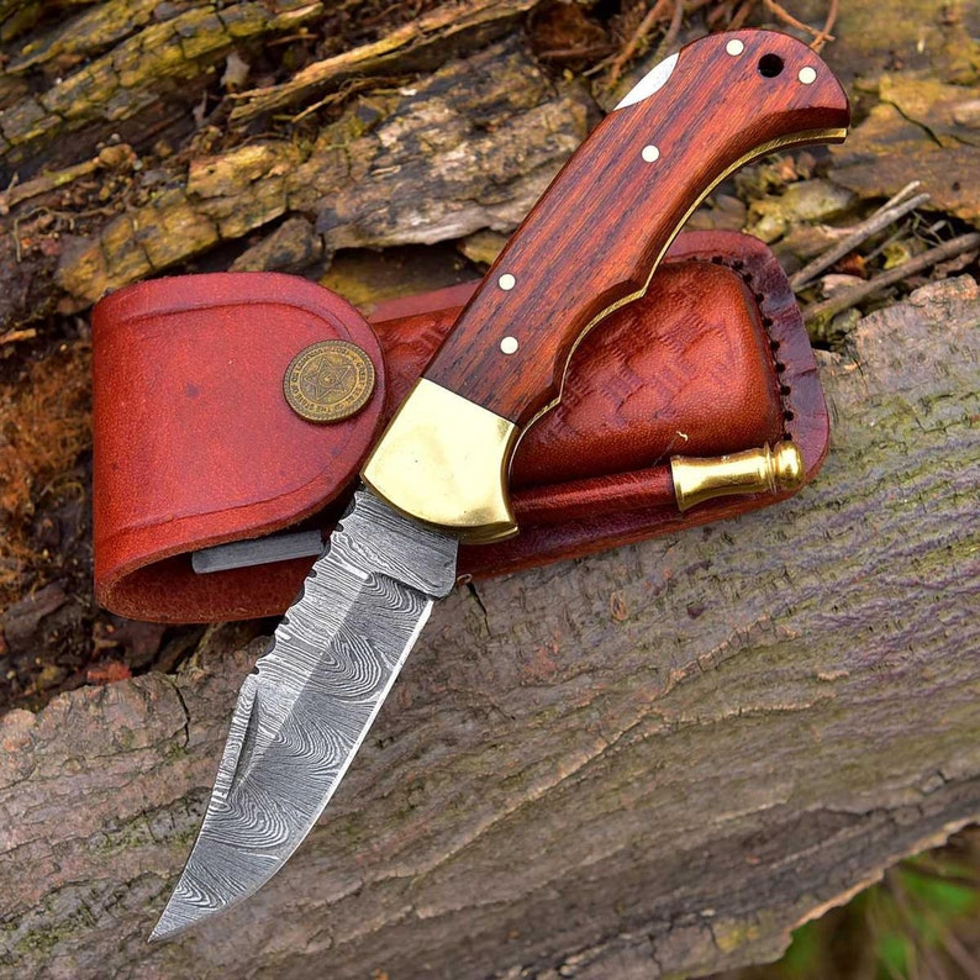 damascus folding knife damascus pocket knife, hand made damascus wood hunting folding knife