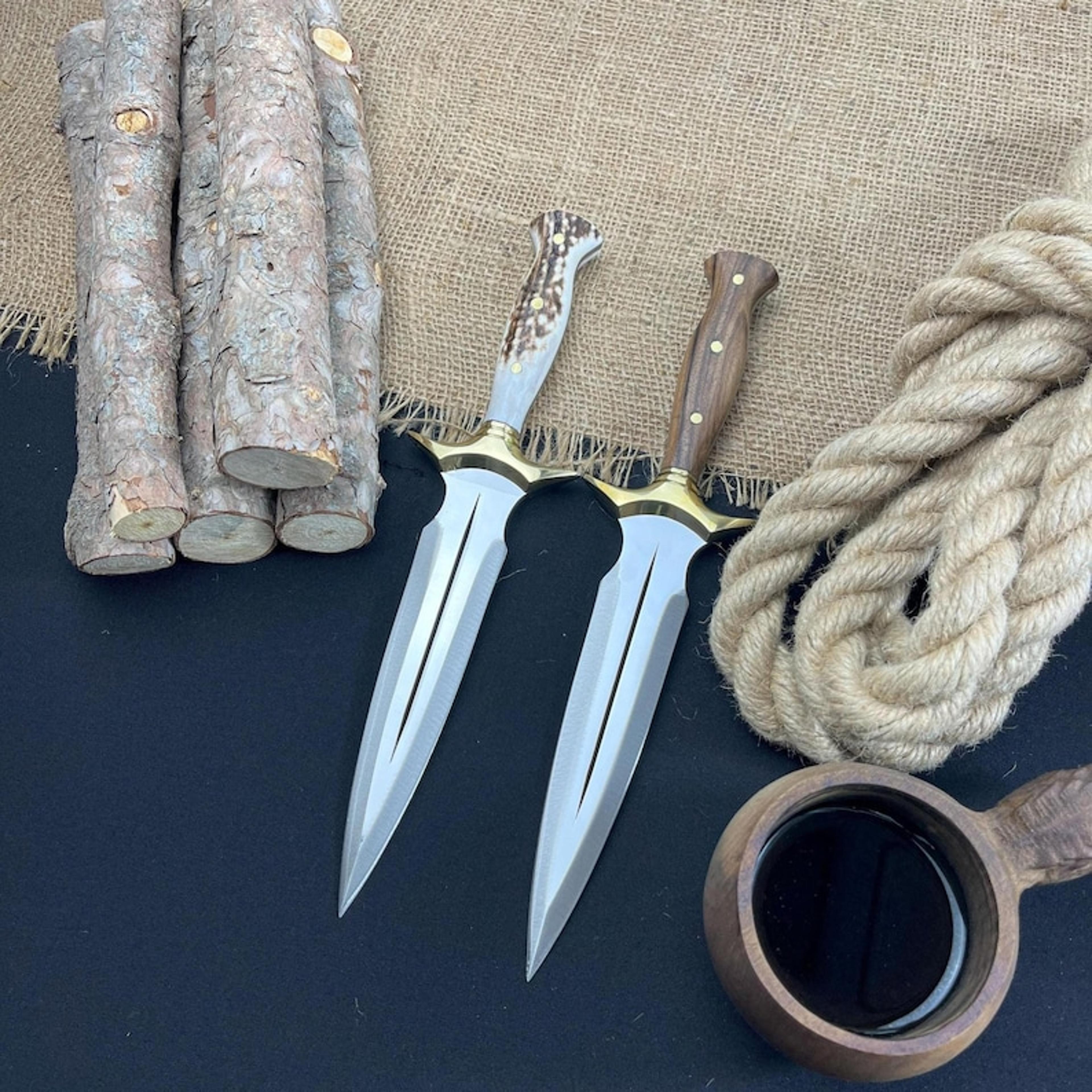 lot of 2 handmade d2 steel dagger knife, hunting knife with leather sheath, best gift your charismas, and father"s day
