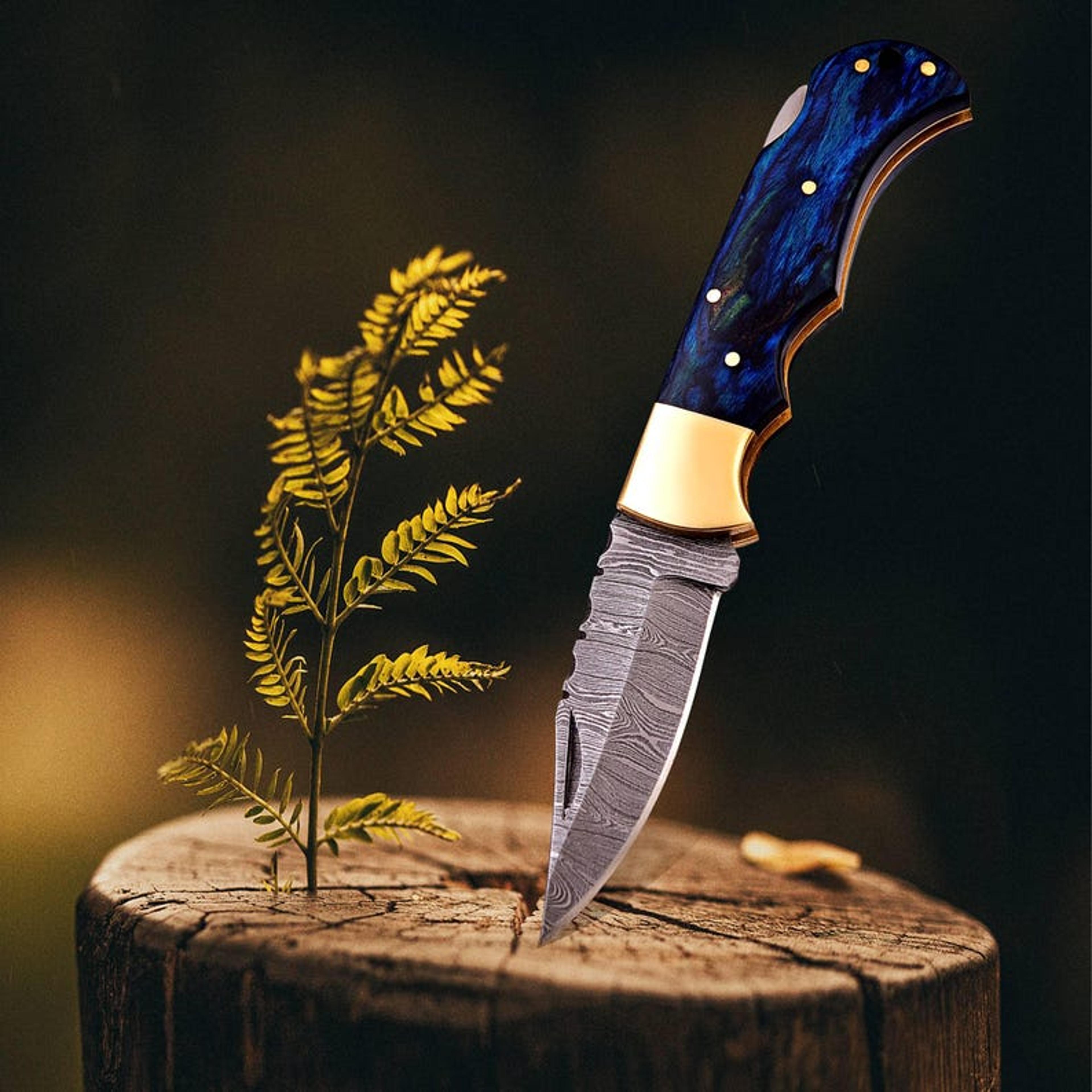 handmade damascus pocket knife pakka blue handle leather sheath birthday gift folding knife wedding anniversary personal
