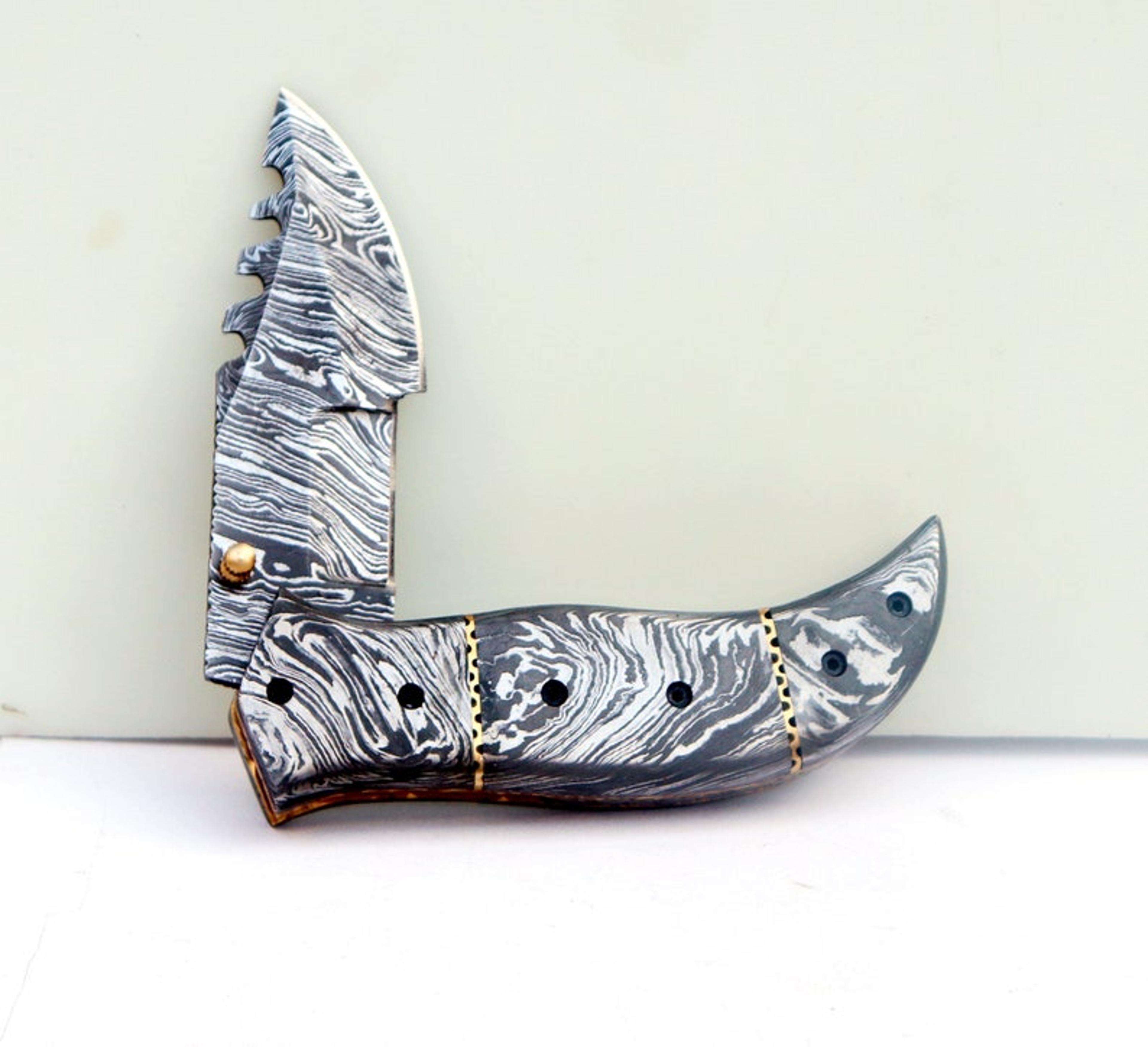 damascus leaf pocket knife, everyday carry folding knife, hand forged damascus hunting knife, best gift for him / her