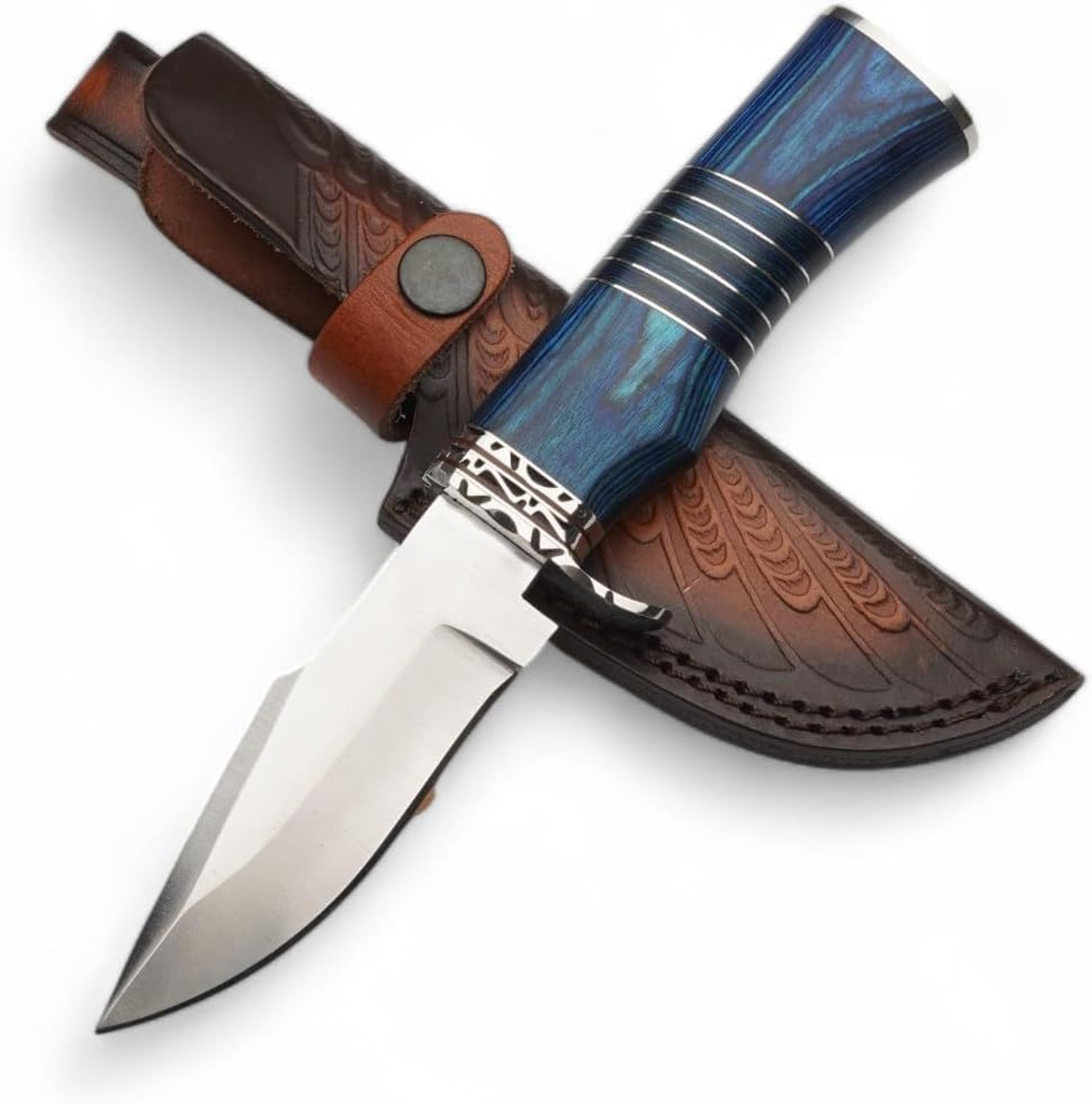 hunting knife for men | genuine leather sheath | blue micarta handle long bowie knives for survival & camping
