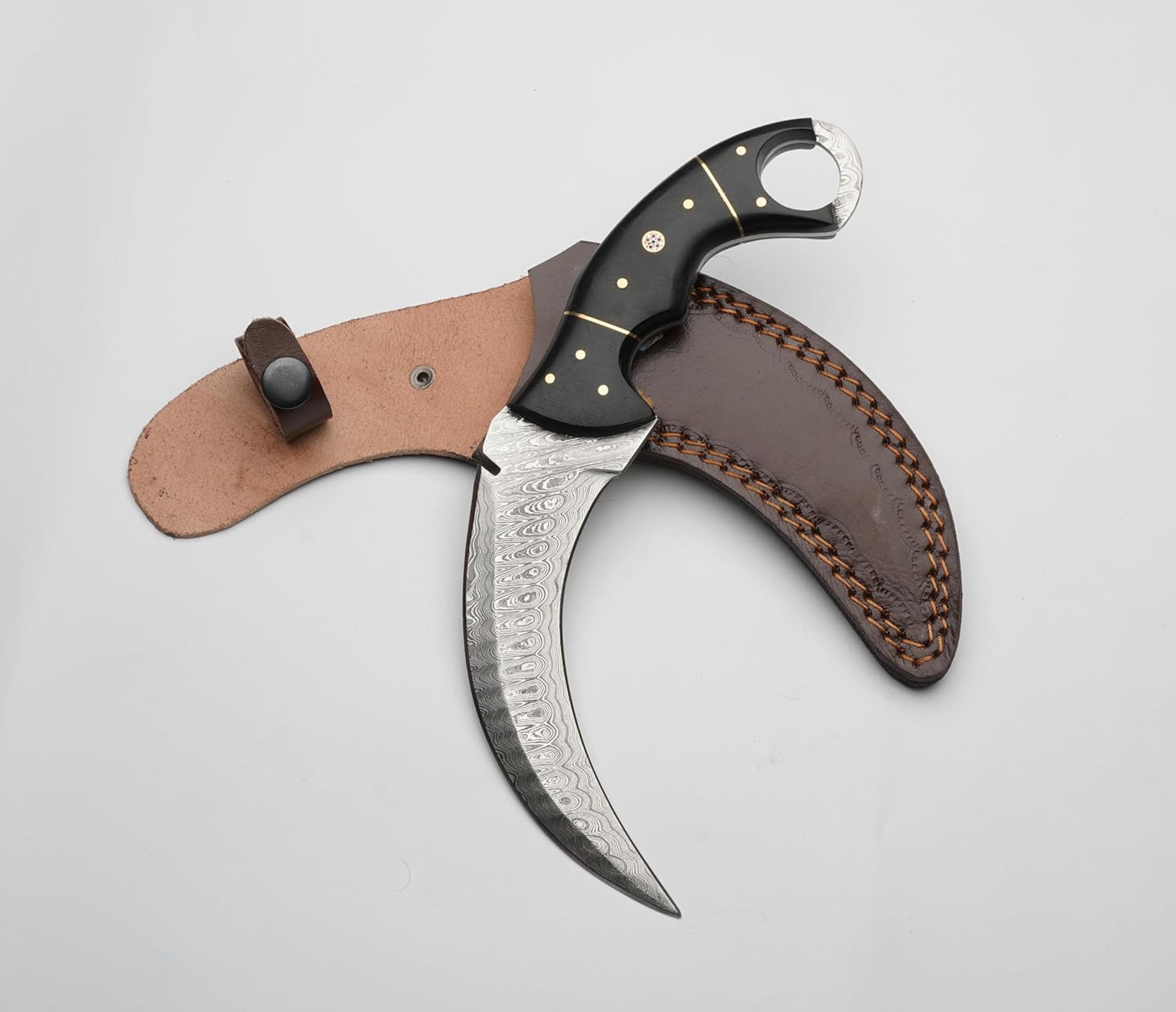 10" damascus karambit knife with leather sheath | handmade survival claw tactical teeth knife
