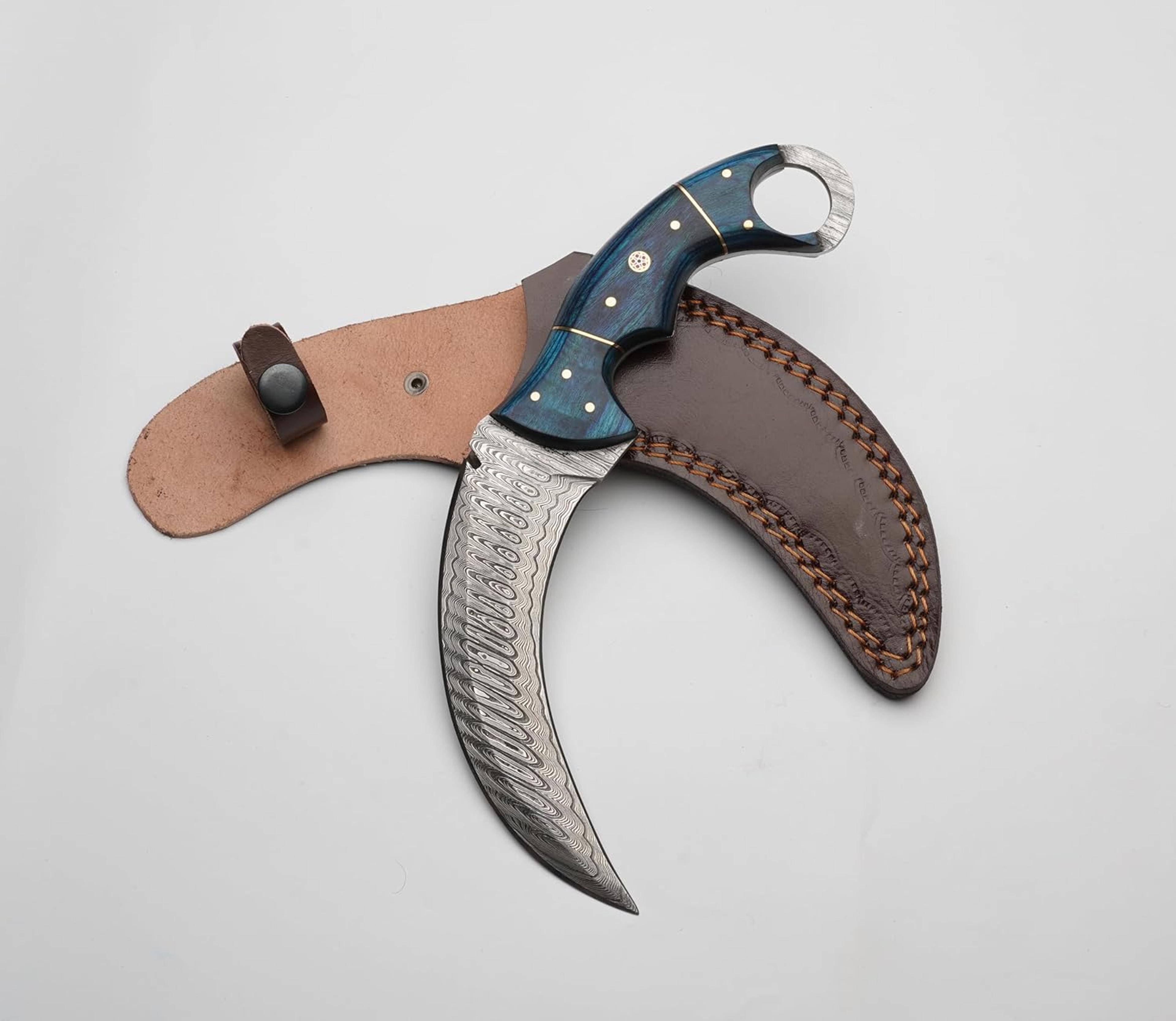 karambit knife | blue handle & damascus steel blade | durable outdoor companion with a touch of blue best gift for men