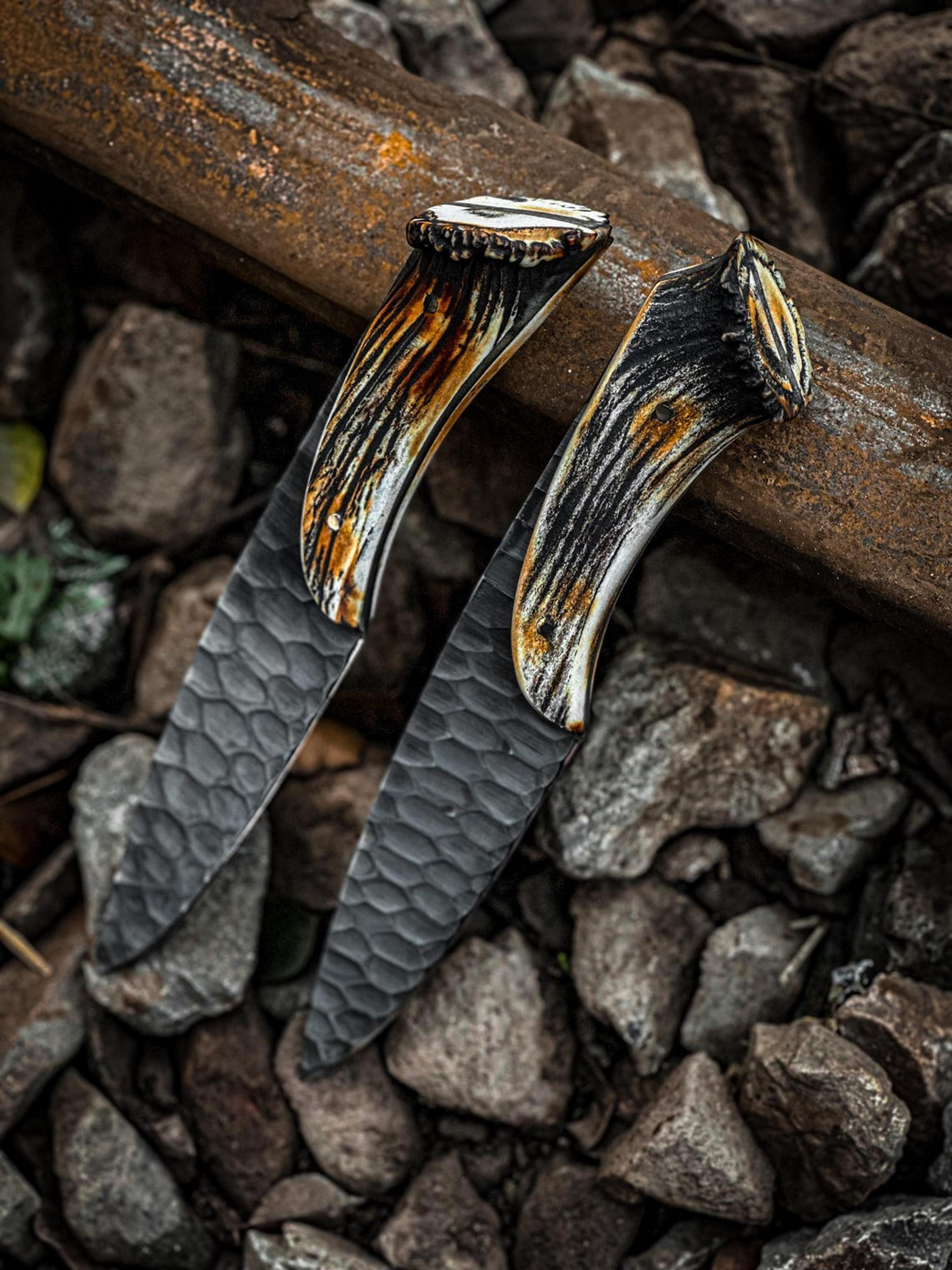 pair of beautiful crown stag handle knife, handmade antler knife - stag horn full tang hunting knife with sheath